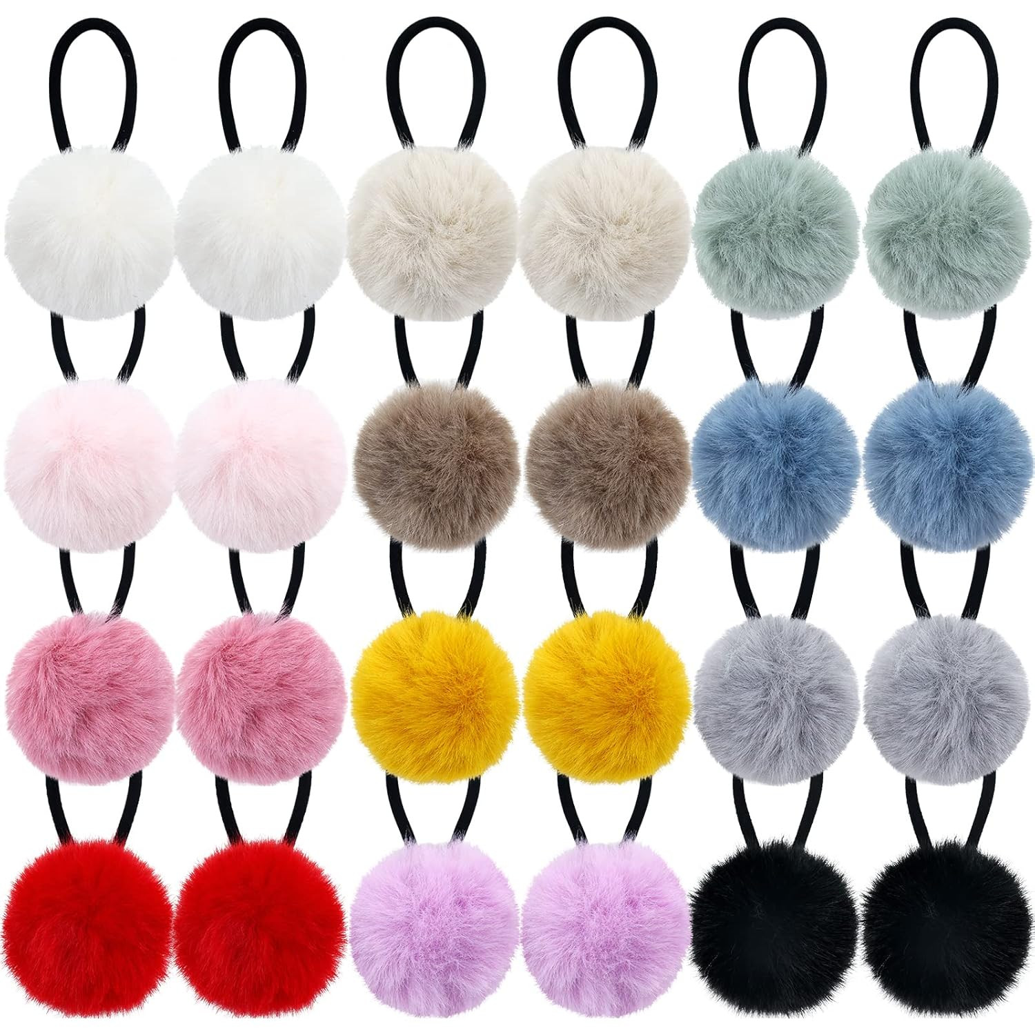 24 Pack Candy Colors Cute Fuzzy Pompom Hair Ties Scrunchies Pom Pom Elastics Pig