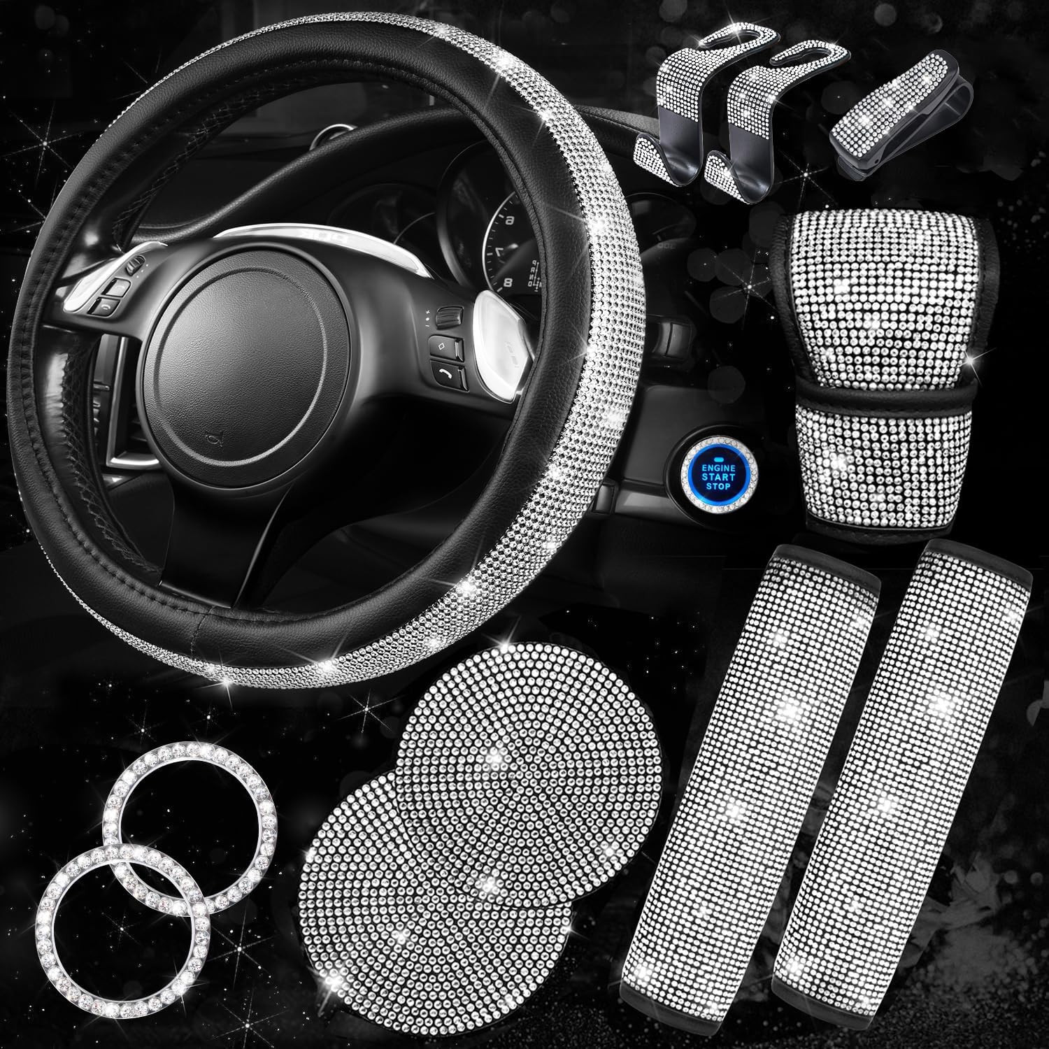 CAR PASS 11 PCS Bling Car Accessories for Women, Sparkly Rhinestone Diamond Stee