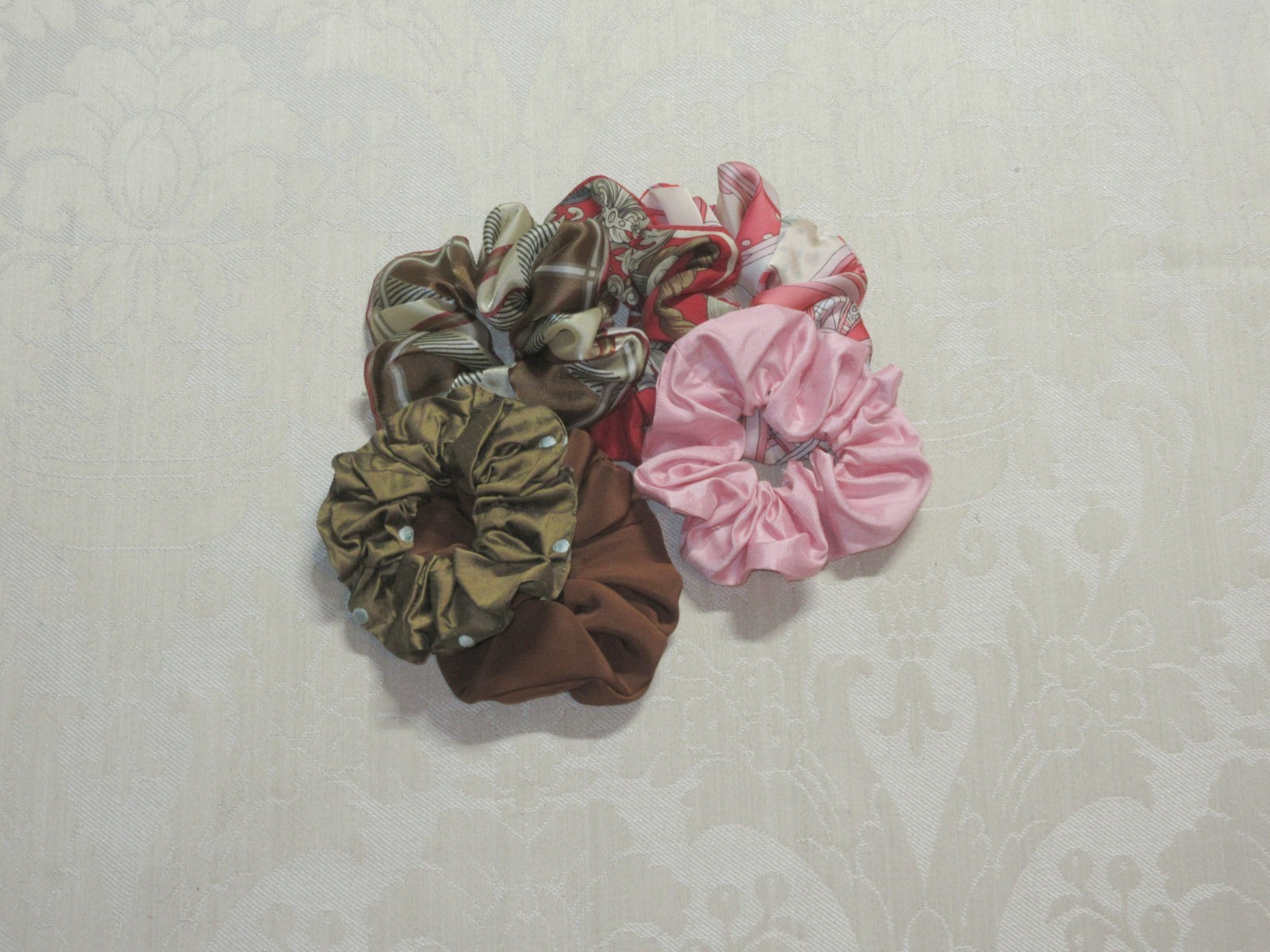 Handmade Boho Multicolor Silk Scarf Scrunchie Lot 6pc Red Pink Brown