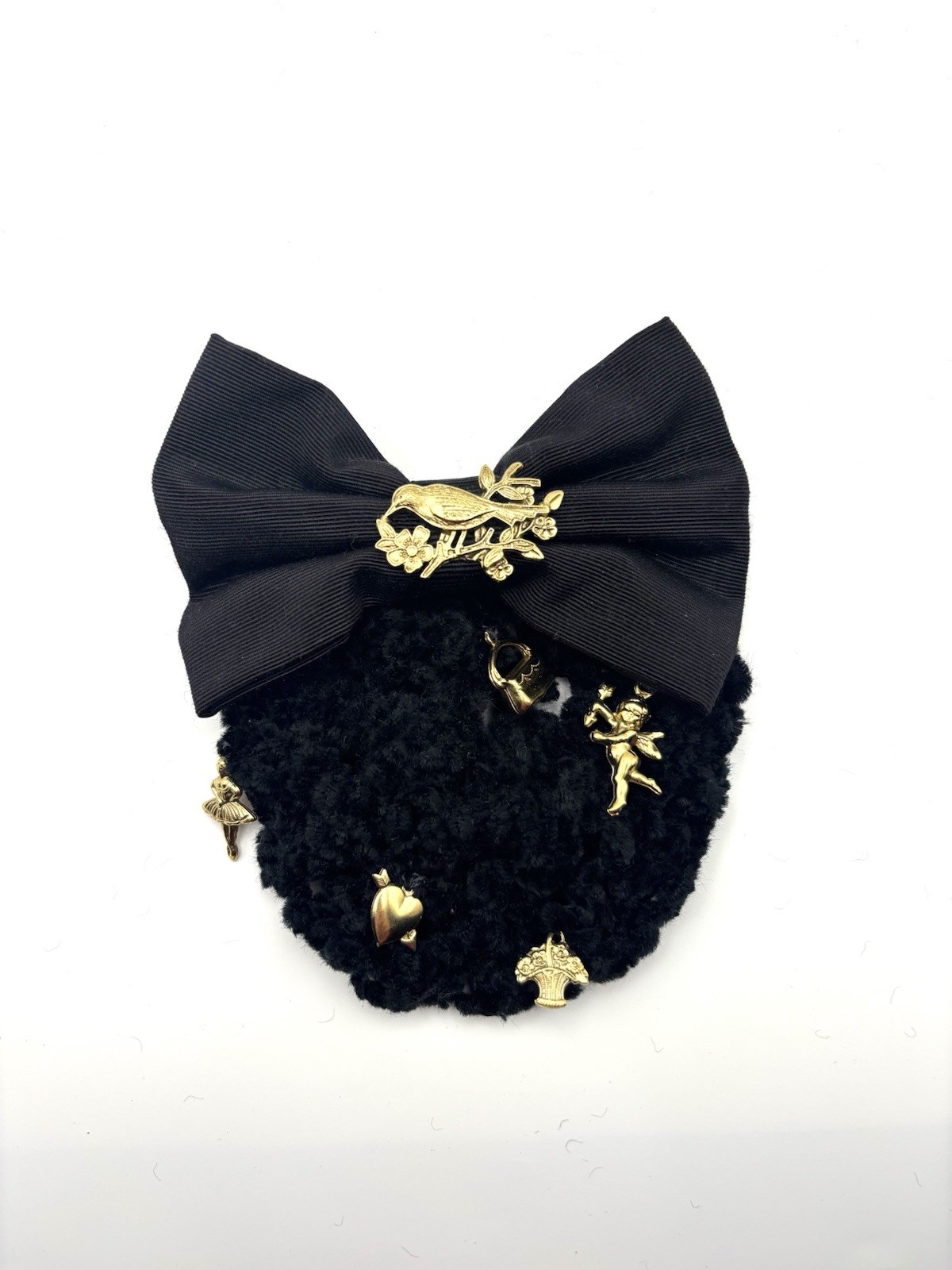 Vintage Style Black Snood Hair Clip Gold Charm Bow Cottagecore Balletcore