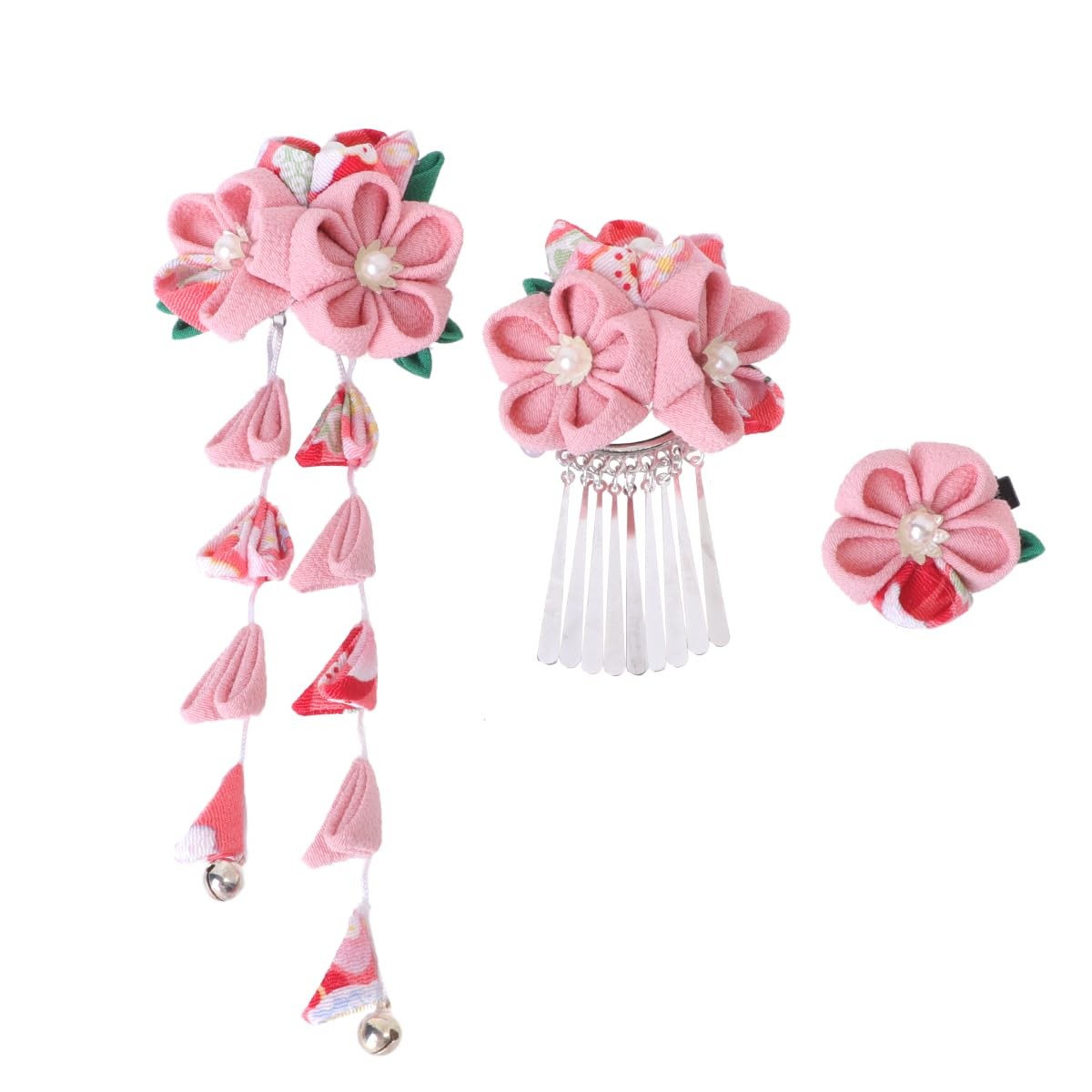 Japanese Kimono Flower Hair Clips Tassel Hairpins Pink Metal Accessories 3 PCS