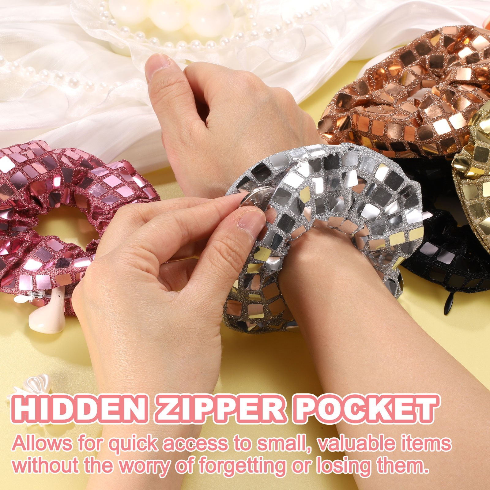 4pcs Velvet Scrunchie with Pocket Zipper Square Sequin Elastic Bands Gold