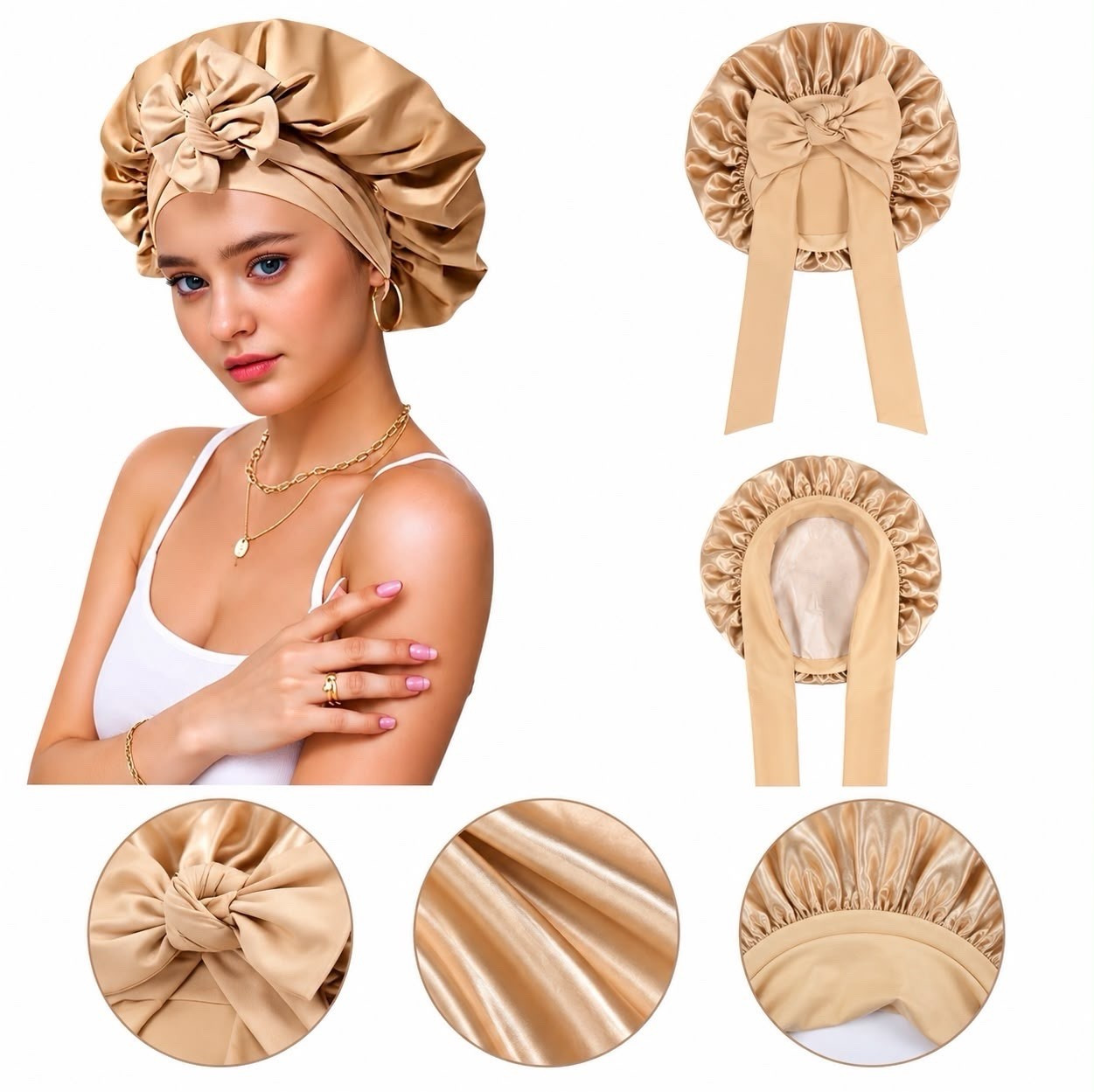 Women’s Satin Sleepwear Bonnet Cap Adjustable Bow, Solid Beige, All Hair Types