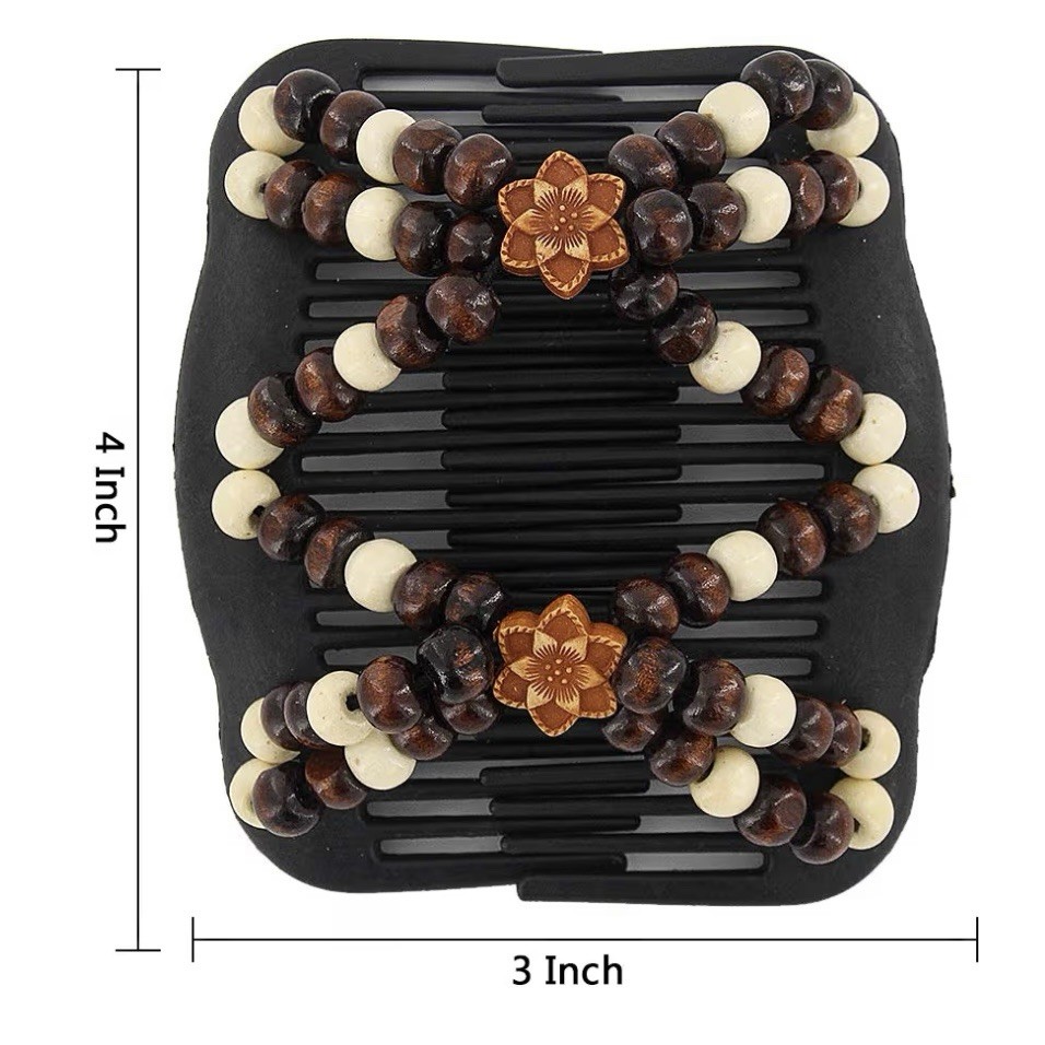 Magic Hair Side Combs For Women Wood Beaded Stretch Double Clips Bun Maker Hair