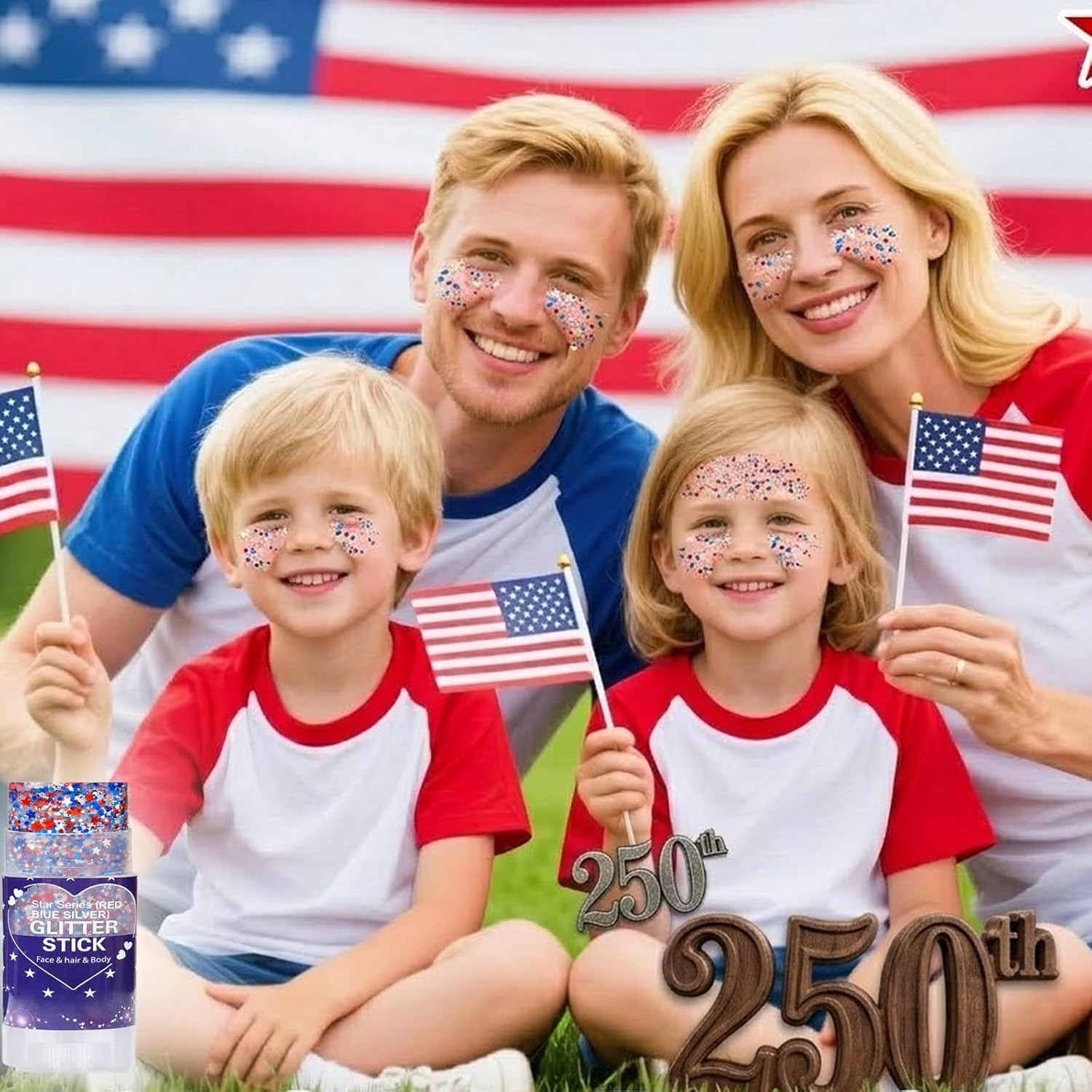 Red White Blue Hair Glitter Stick,4Th of July Patriotic America Flag Star Face B