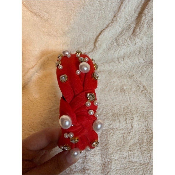Red Knotted Headband with Faux Pearls and Crystal Rhinestone Embellishments