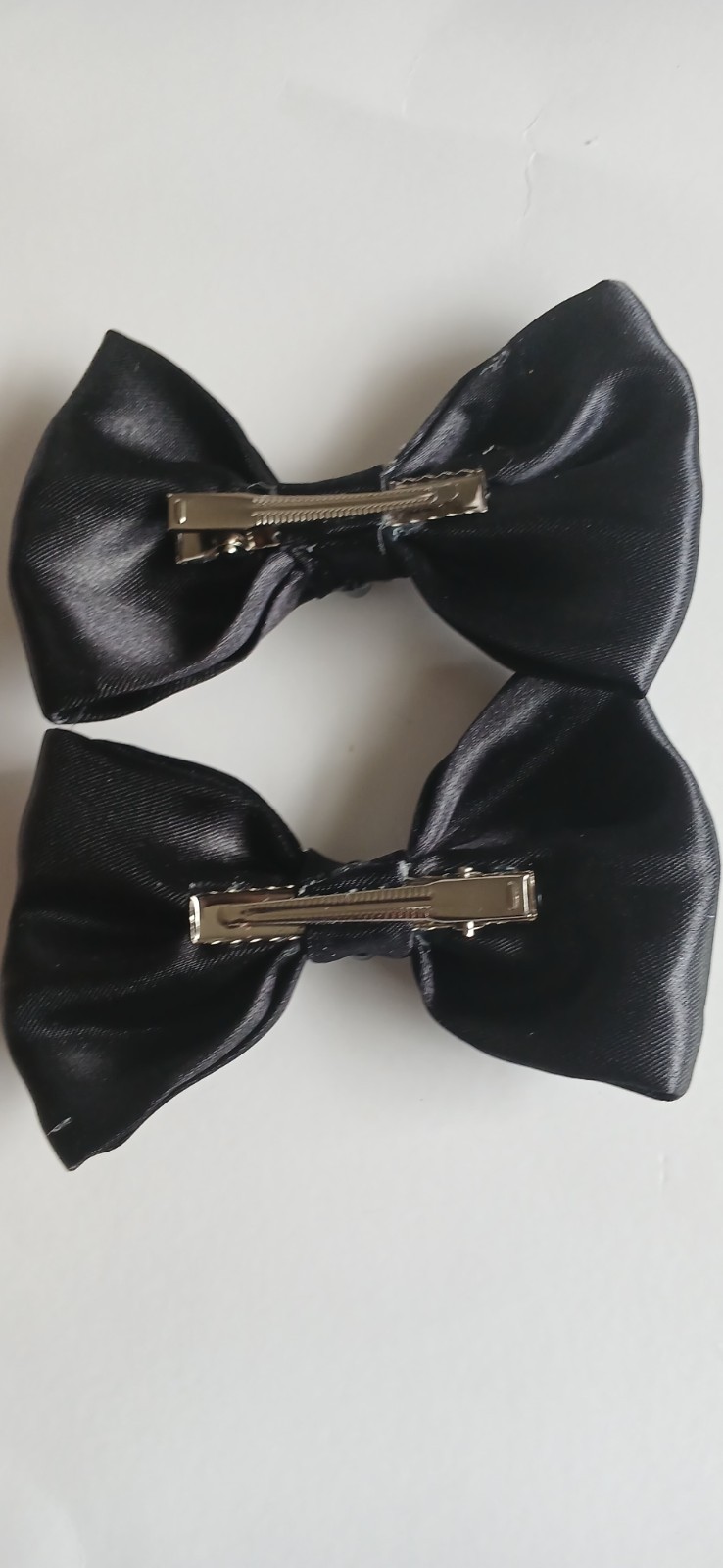Set of 2 Black Satin Bow Hair Clip Barrettes w/ Silver Rhinestone Accents