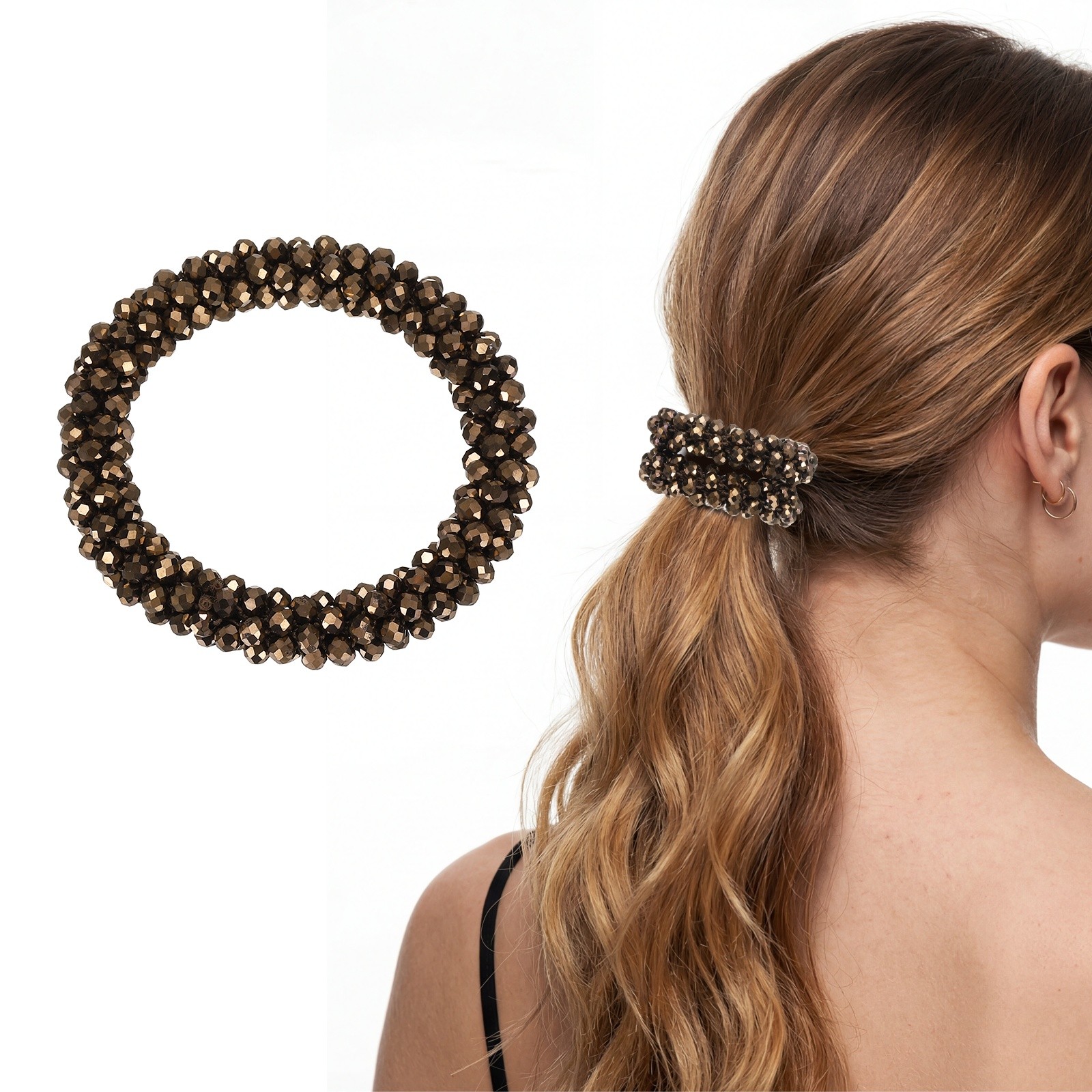 Rhinestone Hair Scrunchies Crystal Ties Elastic Ponytail Holders Brown