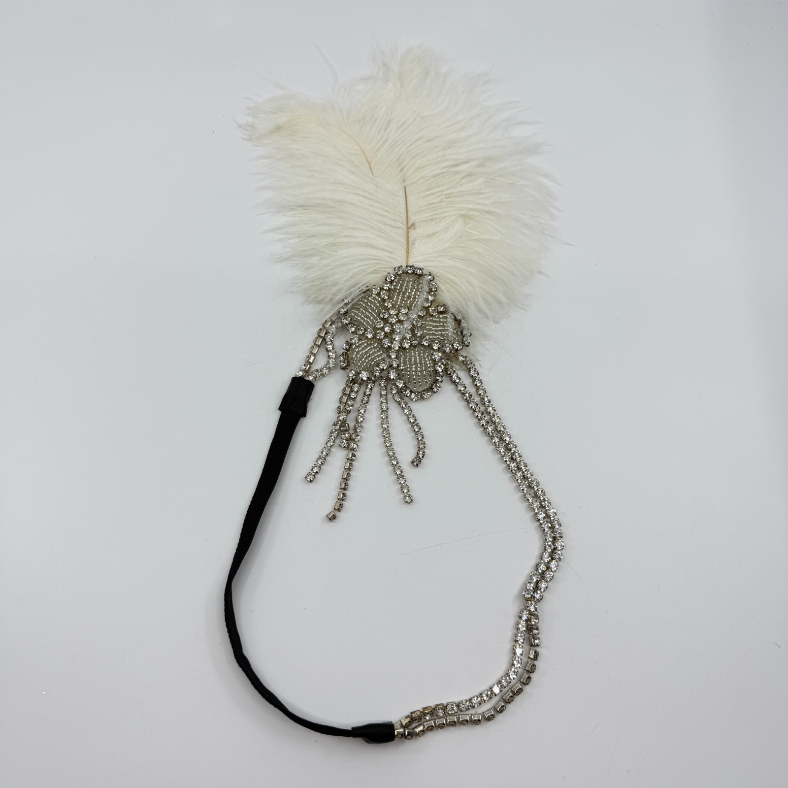 Glamorous 1920s Flapper Headband White Feather Crystal Rhinestone Gatsby Style