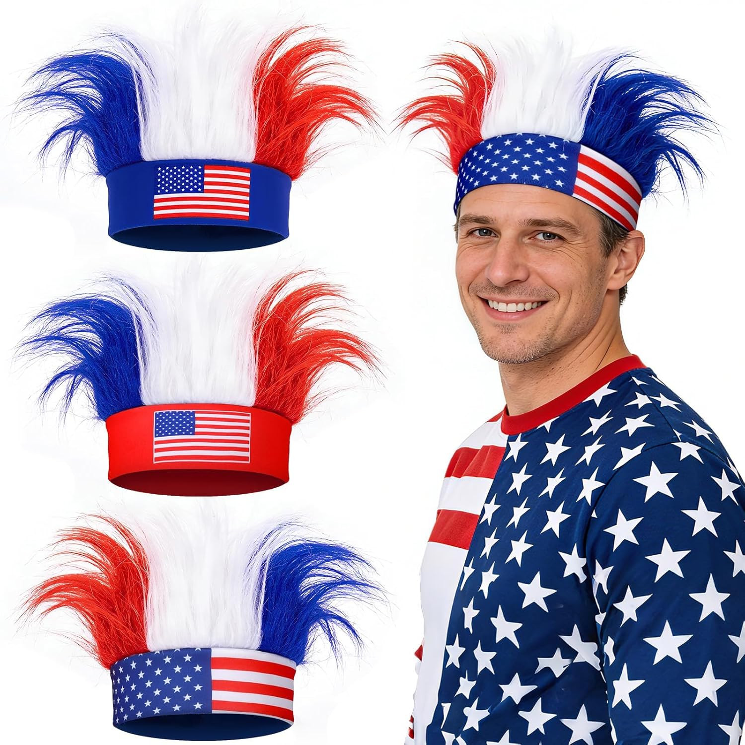 3 Pcs Patriotic Hairy Headband for Adults, 4Th of July Hair Accessories USA Wig