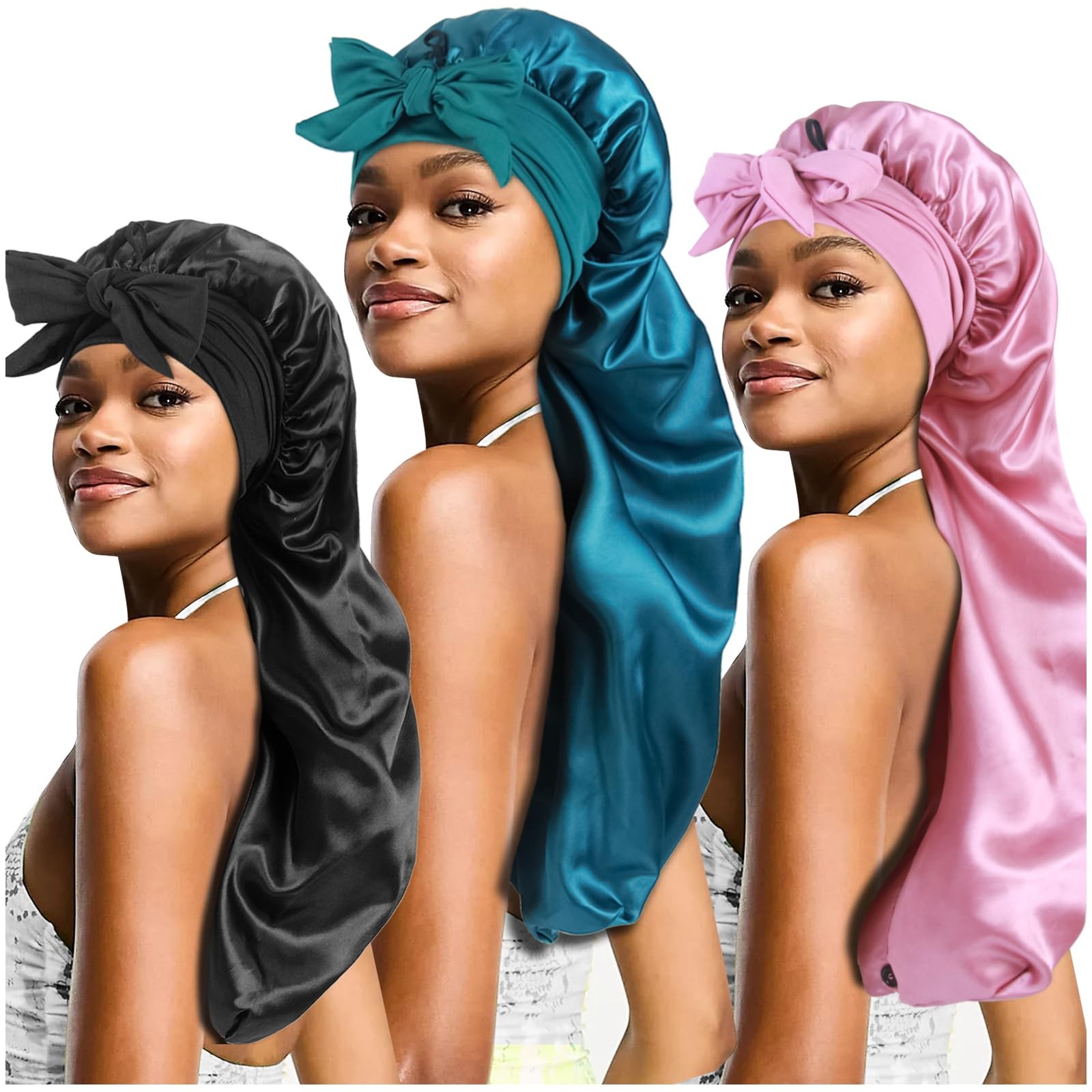 3pcs Long Satin Bonnets for Braids Locs, One Size, C – Black, Rose Gold, Teal