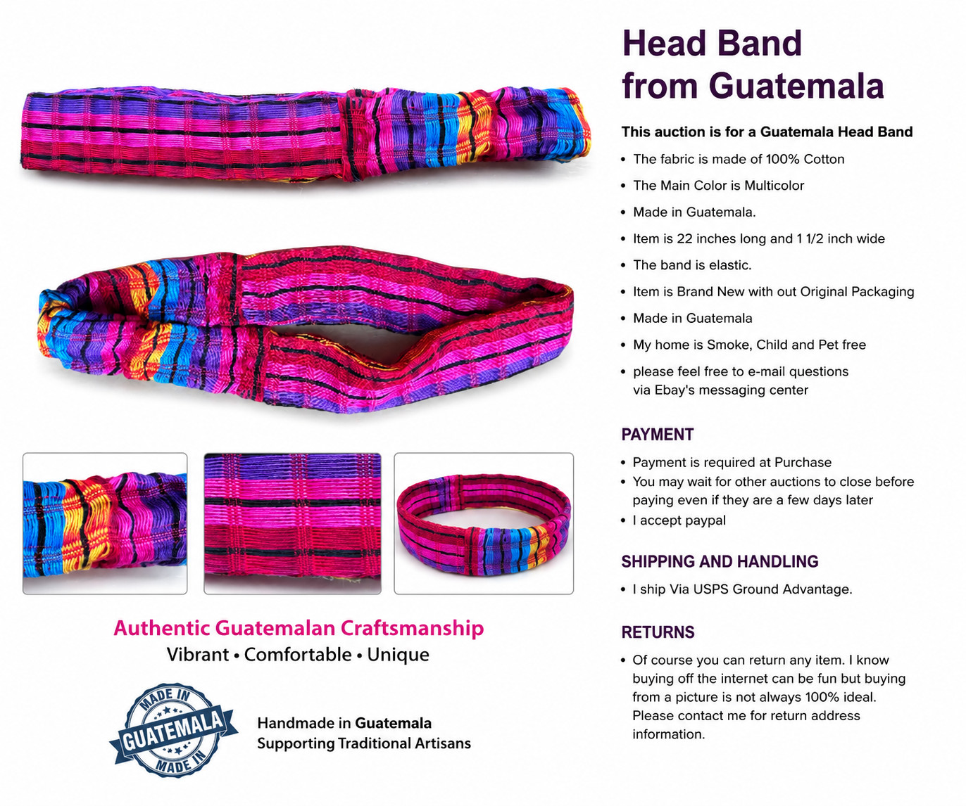 Handmade Guatemalan Multicolor Woven Elastic Head Band 100% Cotton Artisan #UU