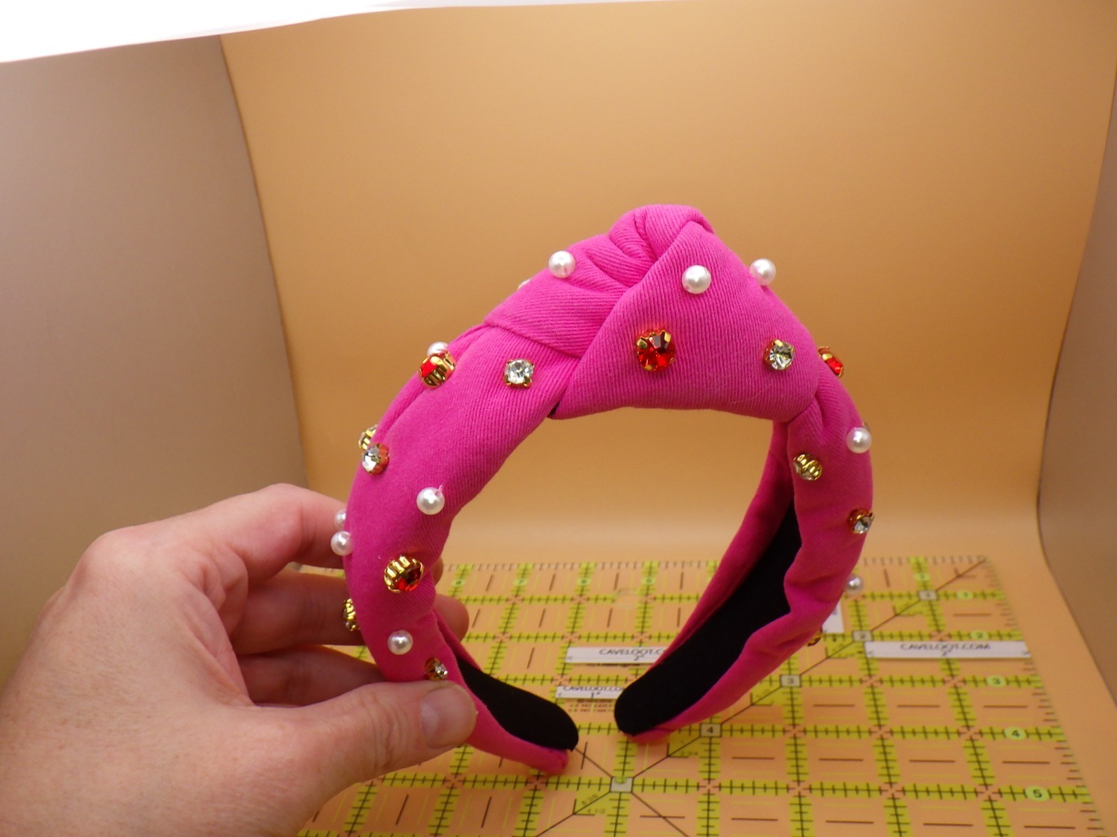 Pink Top Knot Headband Beaded Faux Pearl Rhinestone Jeweled Embellished New
