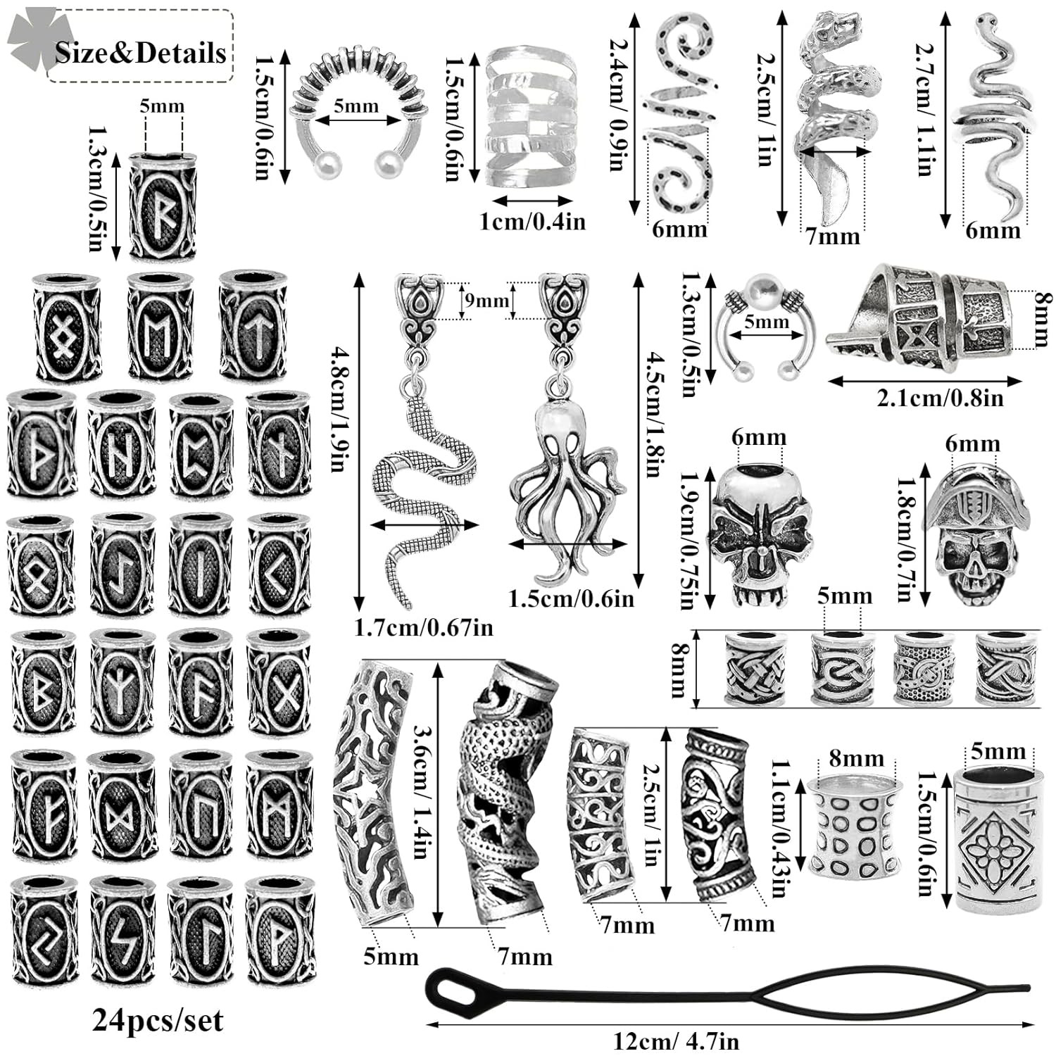 Fscwlmon 207Pcs Viking Hair Jewelry Nordic Runes Tube Beads,Accessories Kit for
