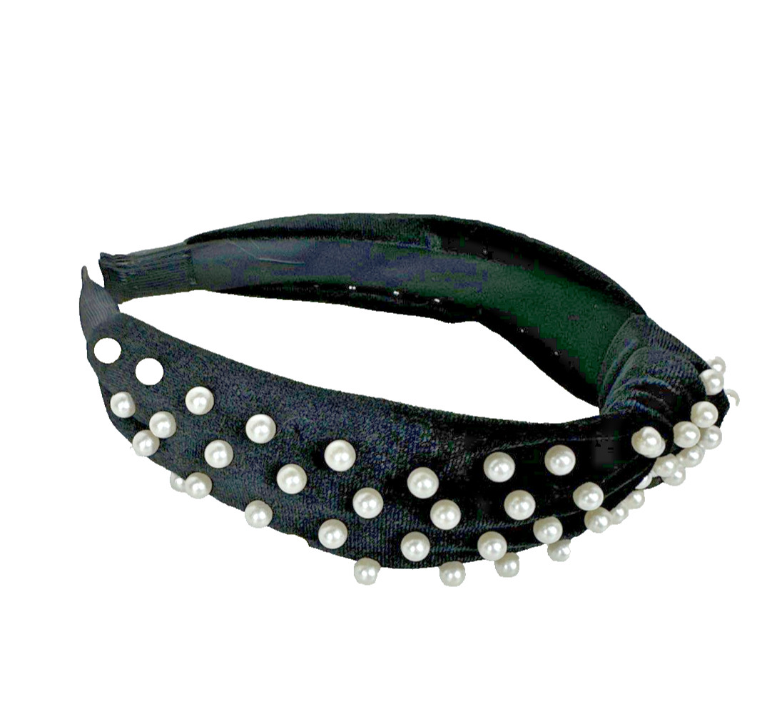 Black Velvet Elegant Top Knot Headband With Faux Pearls 4.5”
