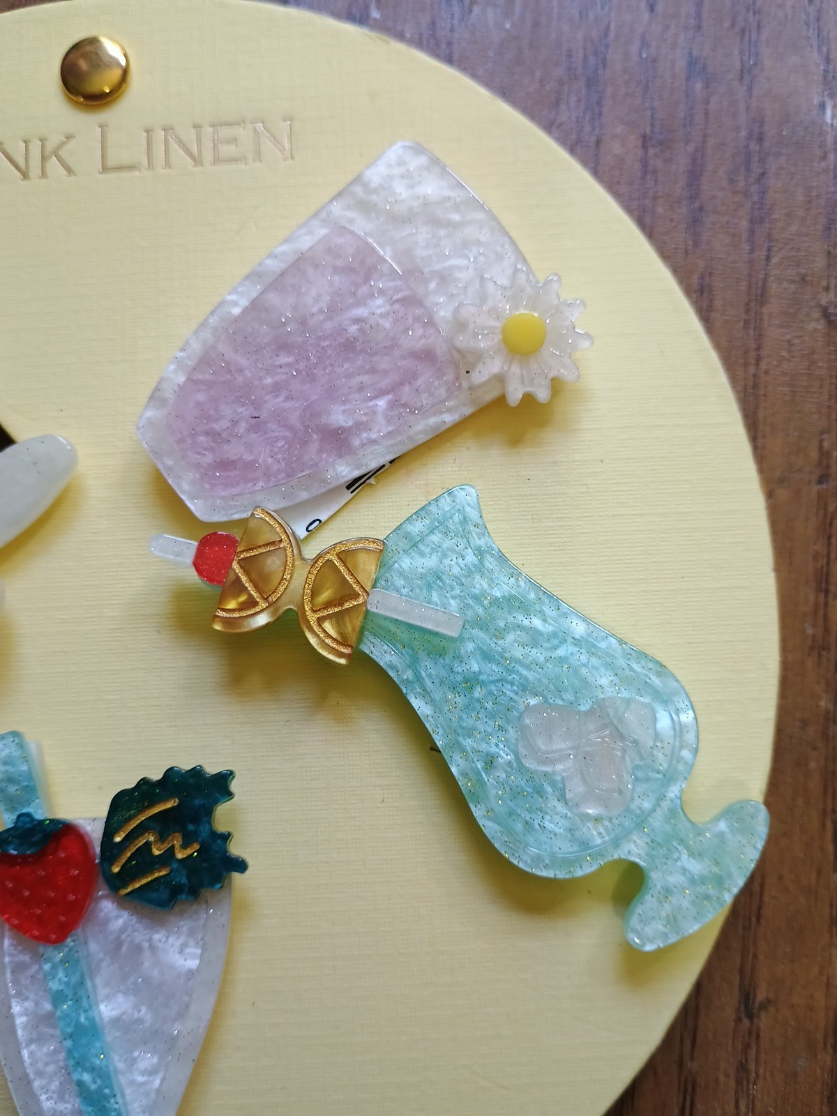 NEW Pink Linen Drink Hair Clips Set Of 5 Pastels Pink Green Yellow