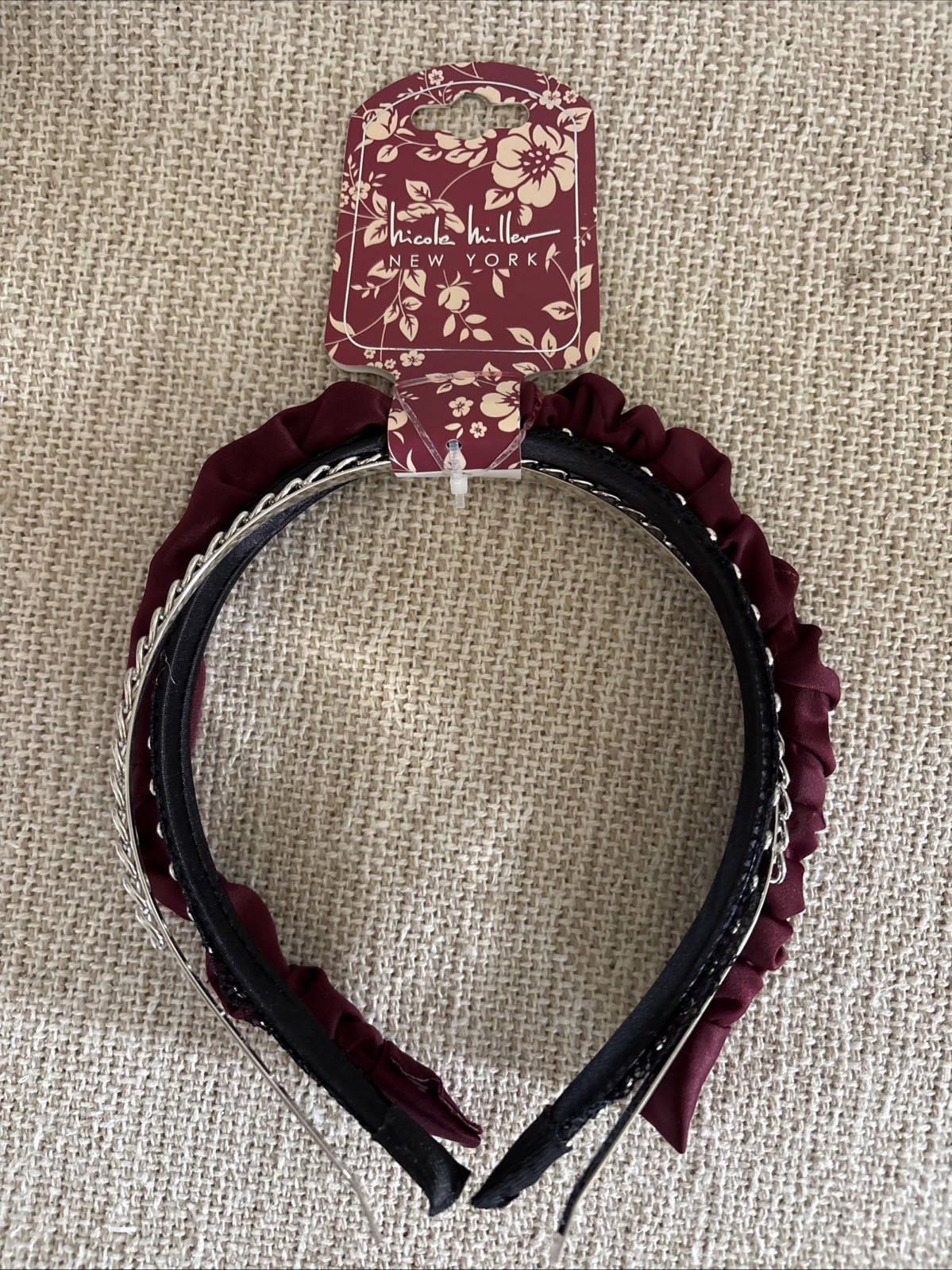 Nicole Miller Headbands Headband Set Black Lace Grommets Silver Chain Link Set 3