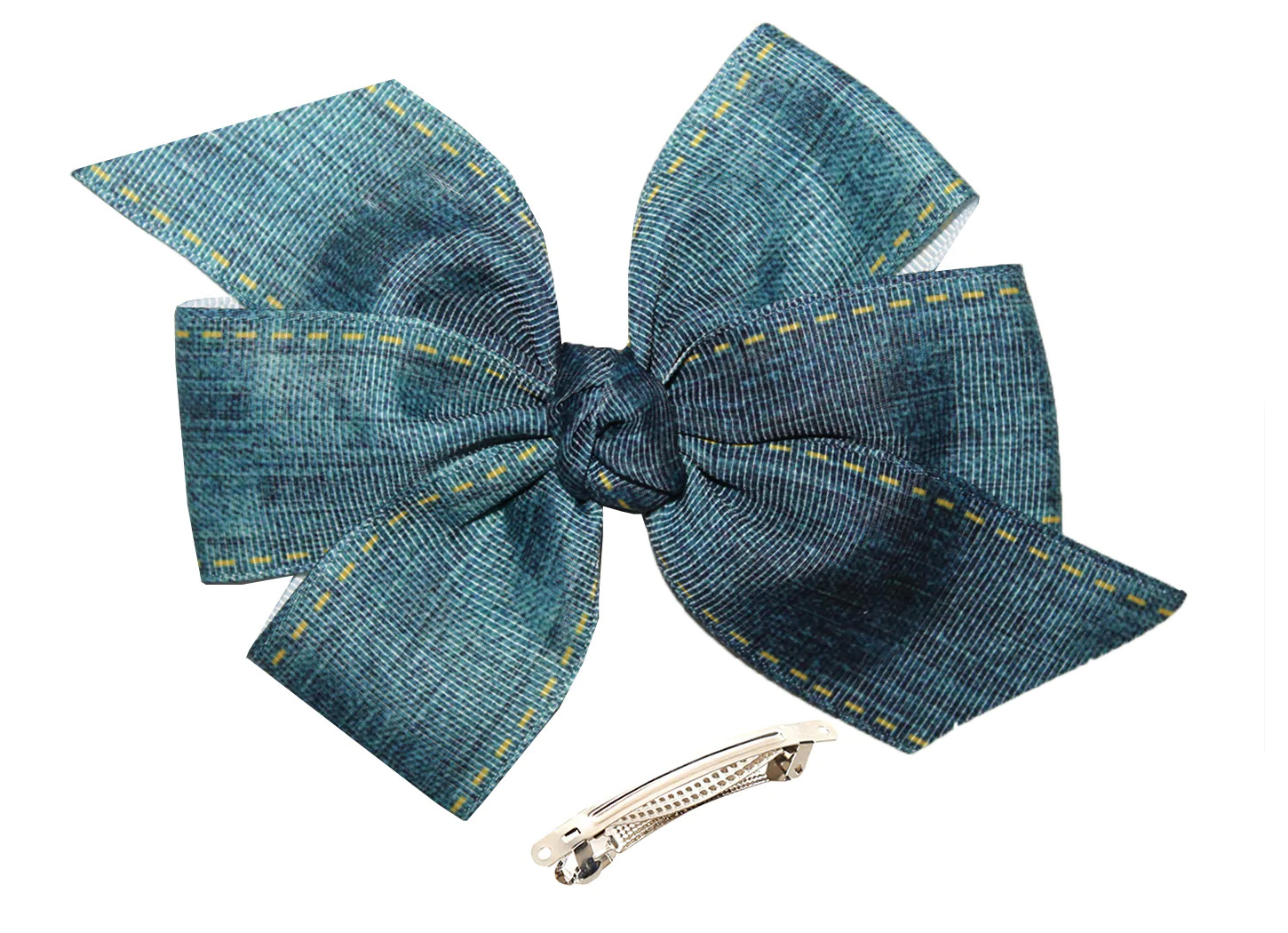 WD2U 5″ Stitched Blue Jean Denim Grosgrain Hair Bow French Clip Barrette
