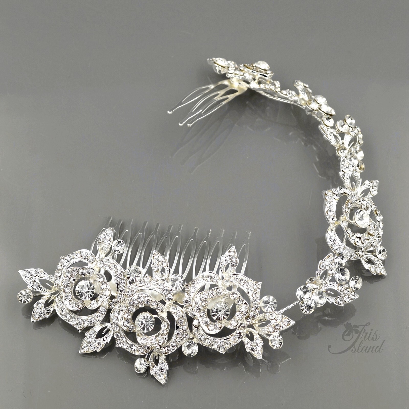 Bridal Hair Comb Crystal Rose Headpiece Wedding Accessories Silver Headband 0190