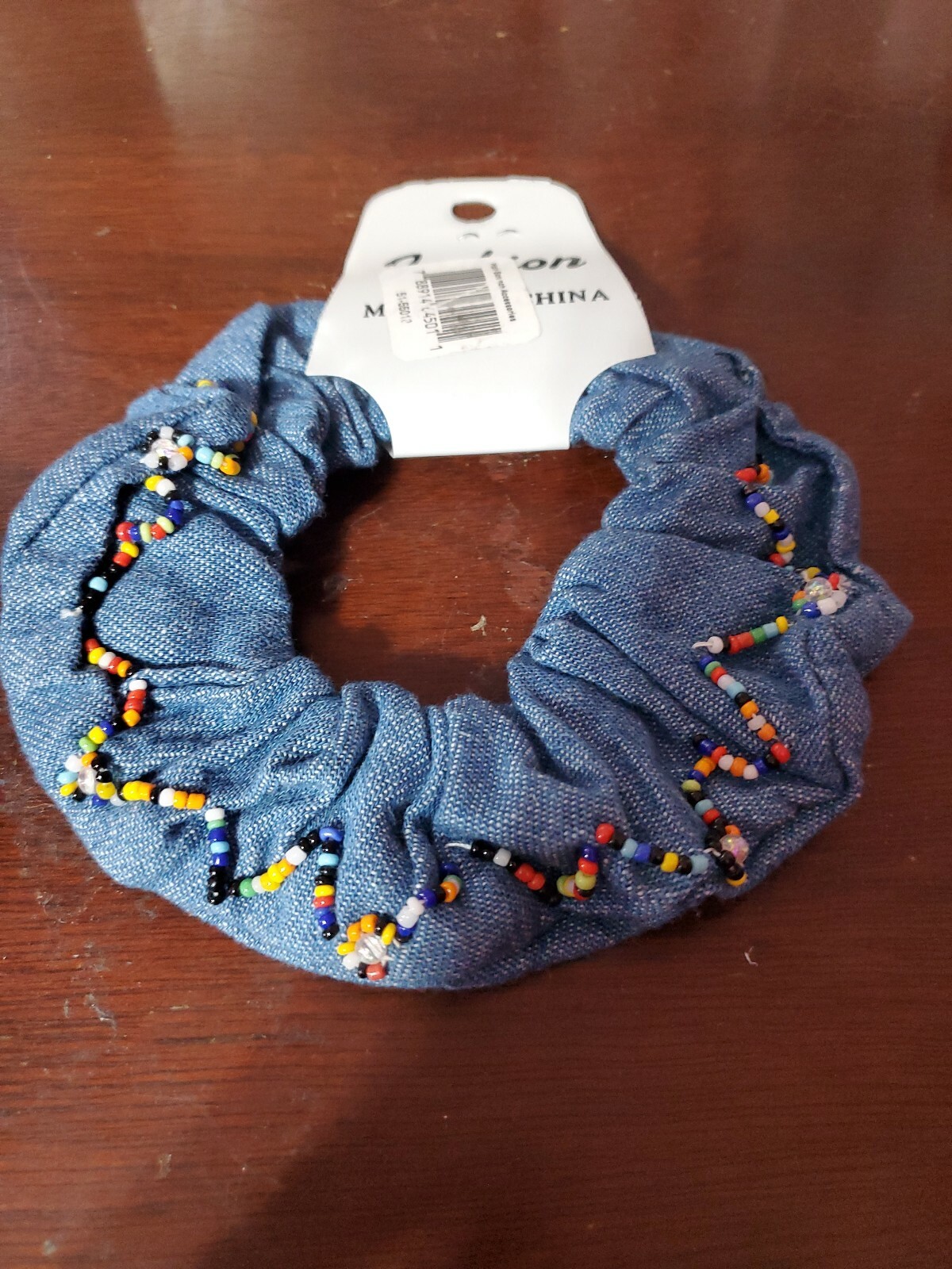 Hair Scrunchie Blue Jean Denim Fabric Ponytail Holder Tie Scrunchies with beads