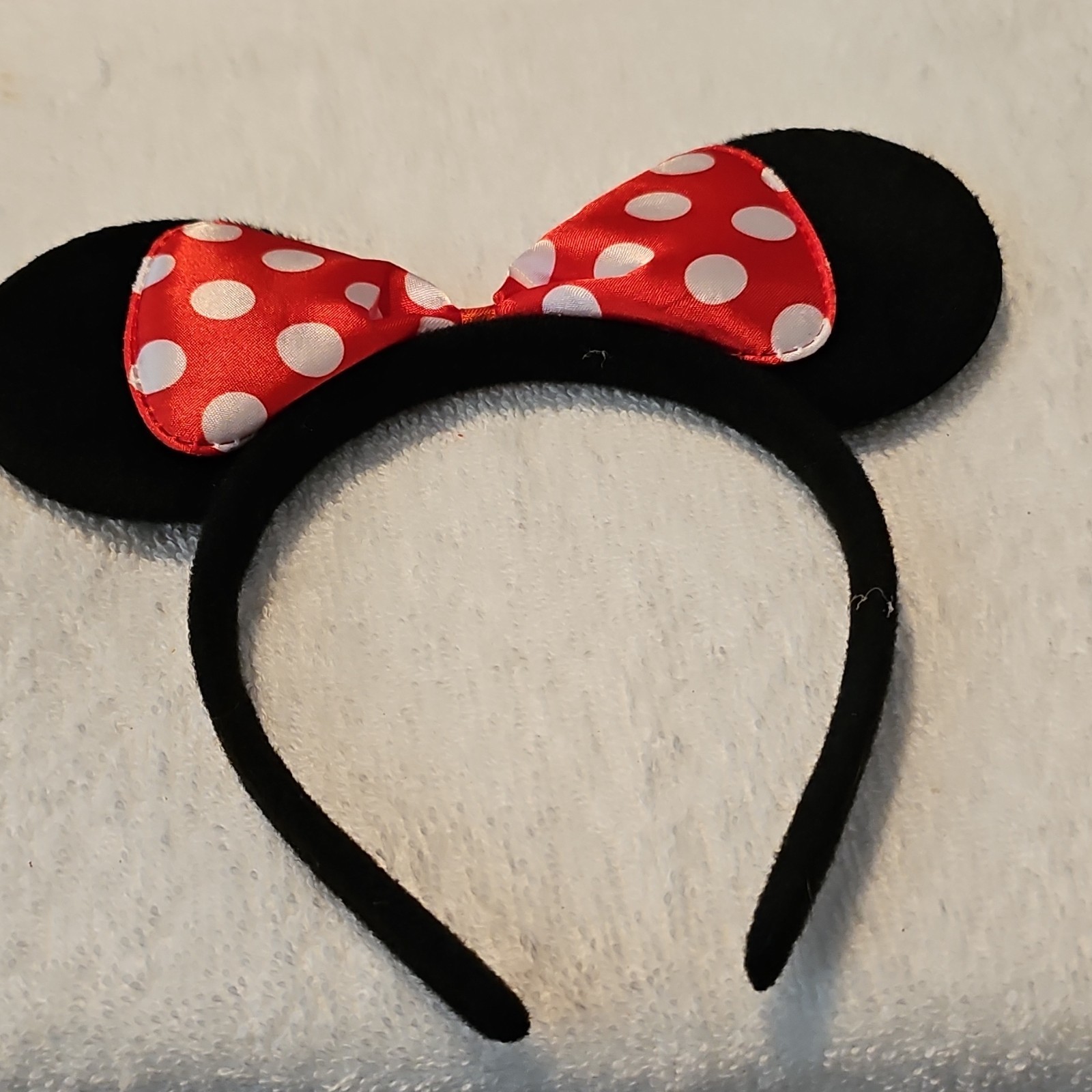 Minnie Mouse Ears Headband Black Fabric with Red & White Polka Dot Bow