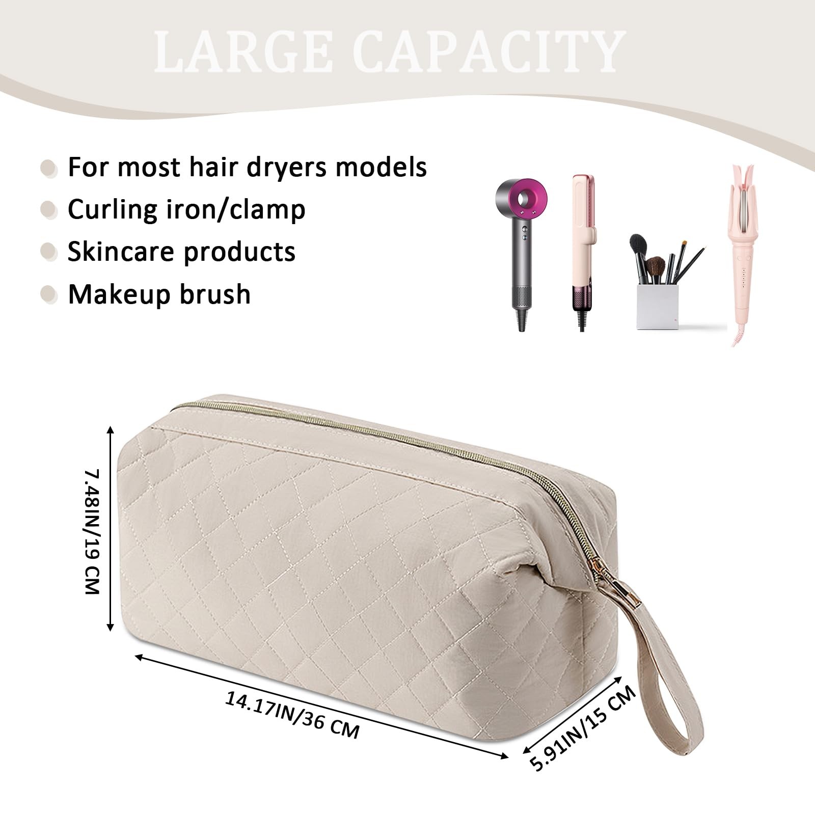 Pierides Quilted Hair Tools Travel Organizer Bag,Portable Large large, Beige