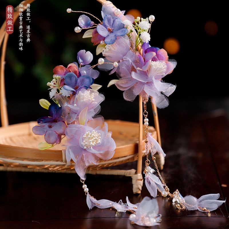Silk Purple Hanfu Headpiece Flower Hairpin Long Tassel Chinese Style Side Clip