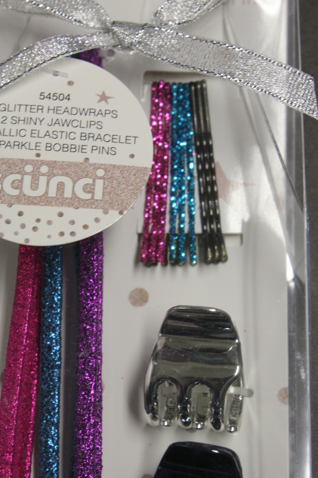 SCUNCI HEADWRAPS, JAWCLIPS, BRACELET, BOBBIE PIN GIFT SET IN PINK, PURPLE, BLUE3