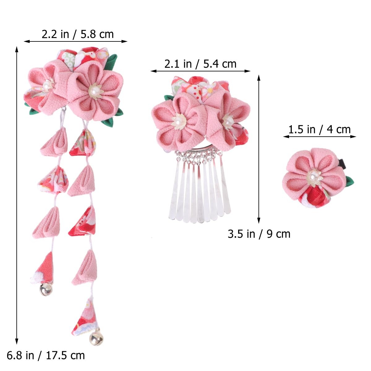 Japanese Kimono Flower Hair Clips Tassel Hairpins Pink Metal Accessories 3 PCS