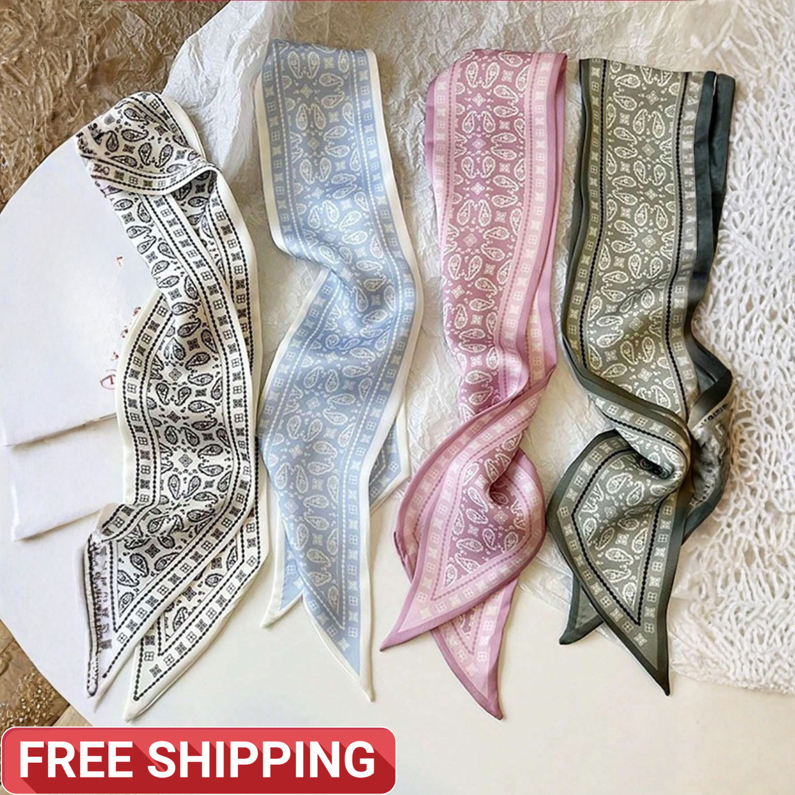 4pcs/set Women’s Headscarf Simple HeadWear Silk Hair Ties Graceful Fashion Scarf