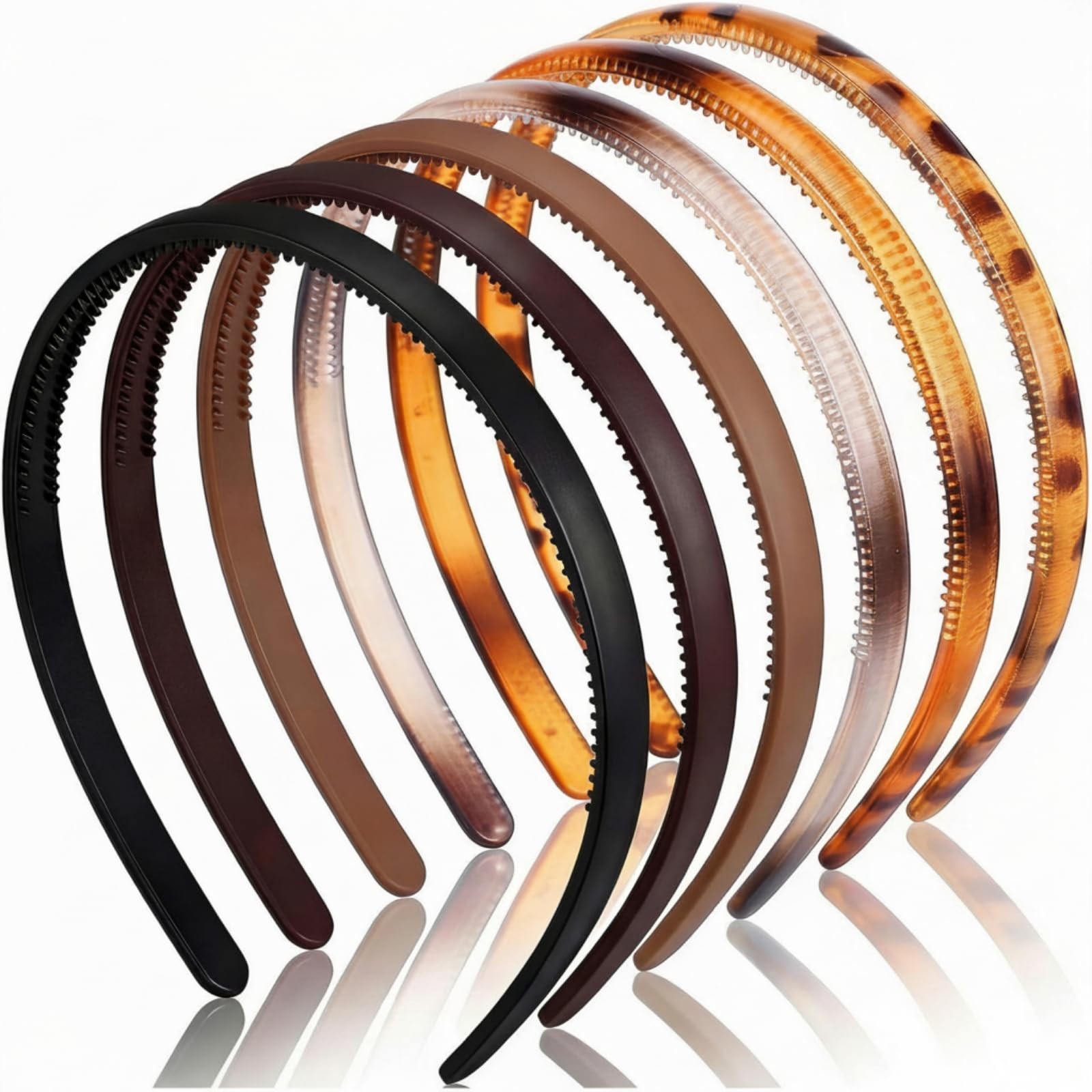 Plastic Headbands Thin With Teeth 6 Pieces 8 mm Multicolor Tortoise Series