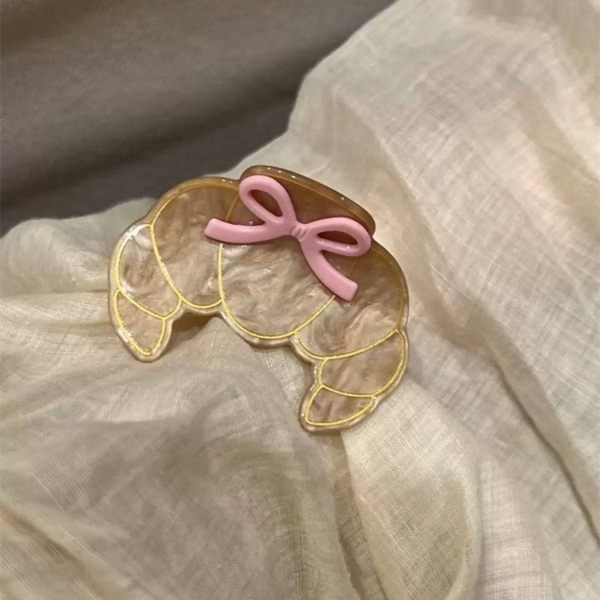 Women’s 3.9″ Cute Bow Croissant Hair Claw Clip Pink Beige Barrette