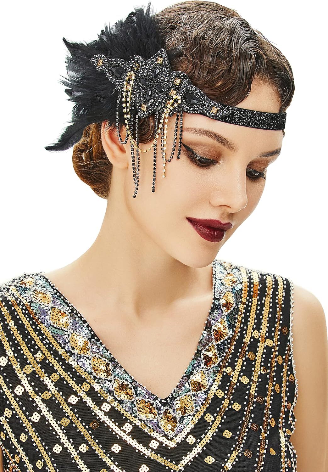 BABEYOND 1920s Flapper Headpiece 20s Gatsby Black Feather Headband Gold