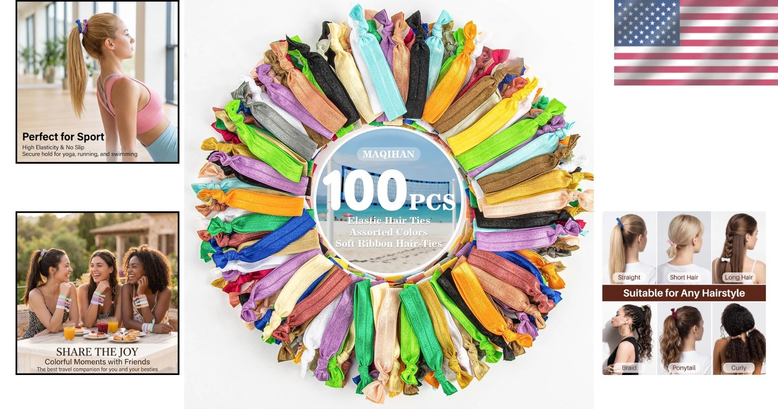 100 PCS Elastic No Crease Soft Ribbon Hair Ties – 20 Colors for Women and Girls