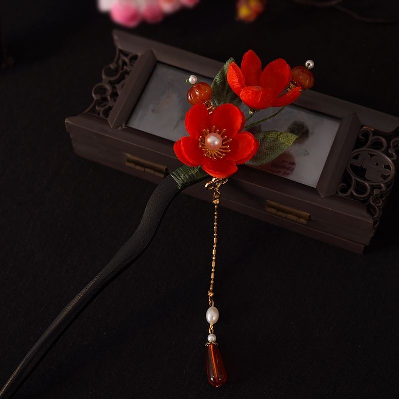Plum Blossom Wooden Hair Stick Tassel Hairpin Hanfu Qipao Vintage Accessory