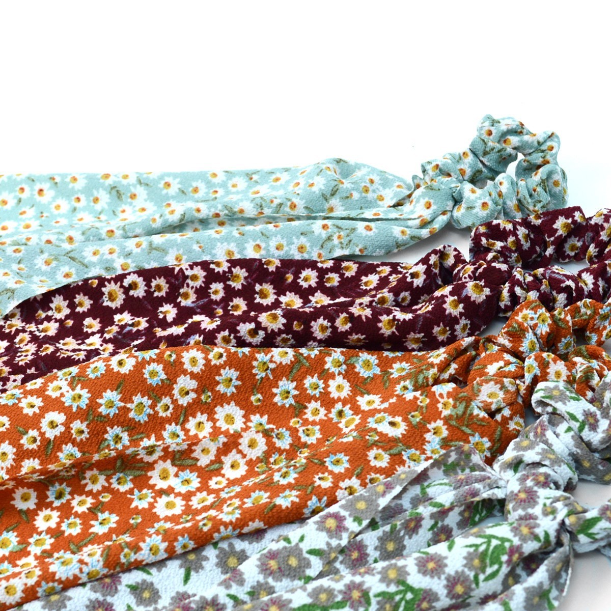 Nollia 4 Sets of Floral Scrunchies With Matching Hair Ties, Thin Airy Fabric