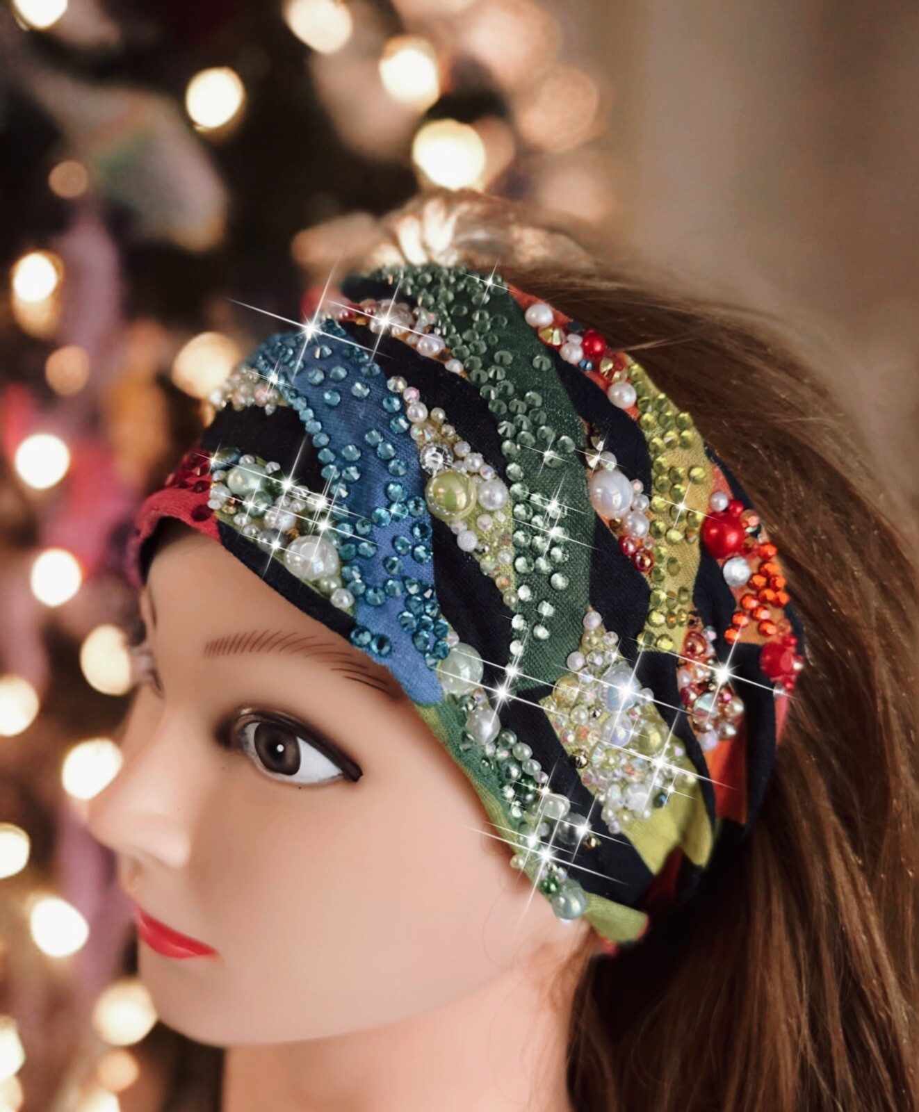 Beautiful Multicolor Abstract Pattern Rhinestone Stretch Headband, Handmade