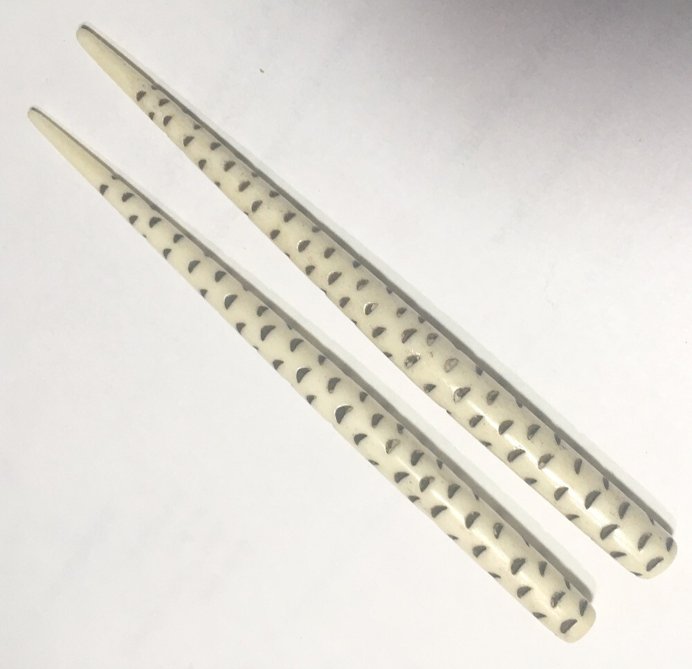4.5″ Buffalo Bone HAIR STICKS (2) India Speckled Natural Hand Carved White Black