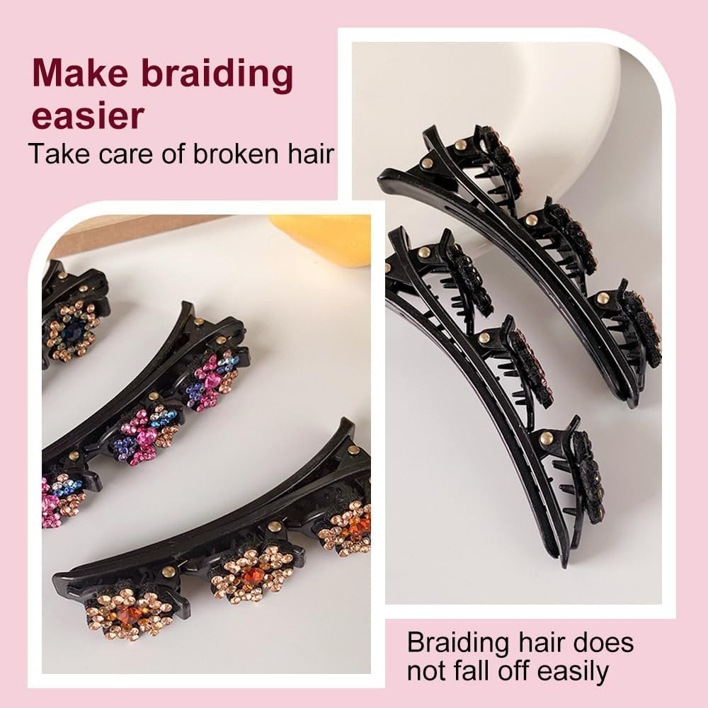 2 Pcs Crystal Rhinestone Braided Hair Clips Satin Duck Bill Hair Accessories