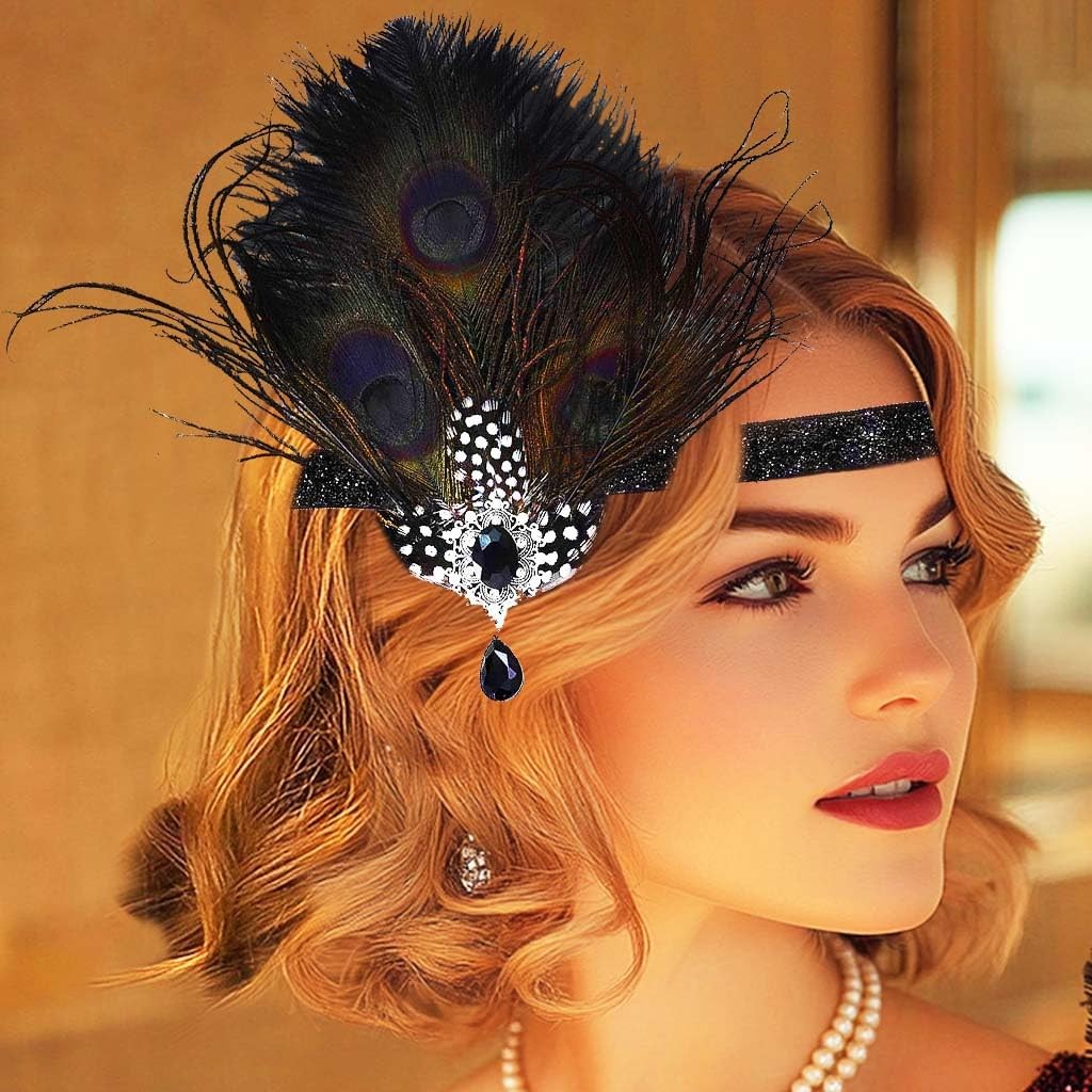 1 PC 1920s Black Feather Headband Fascinator Flapper Headpiece Party Prom Hair