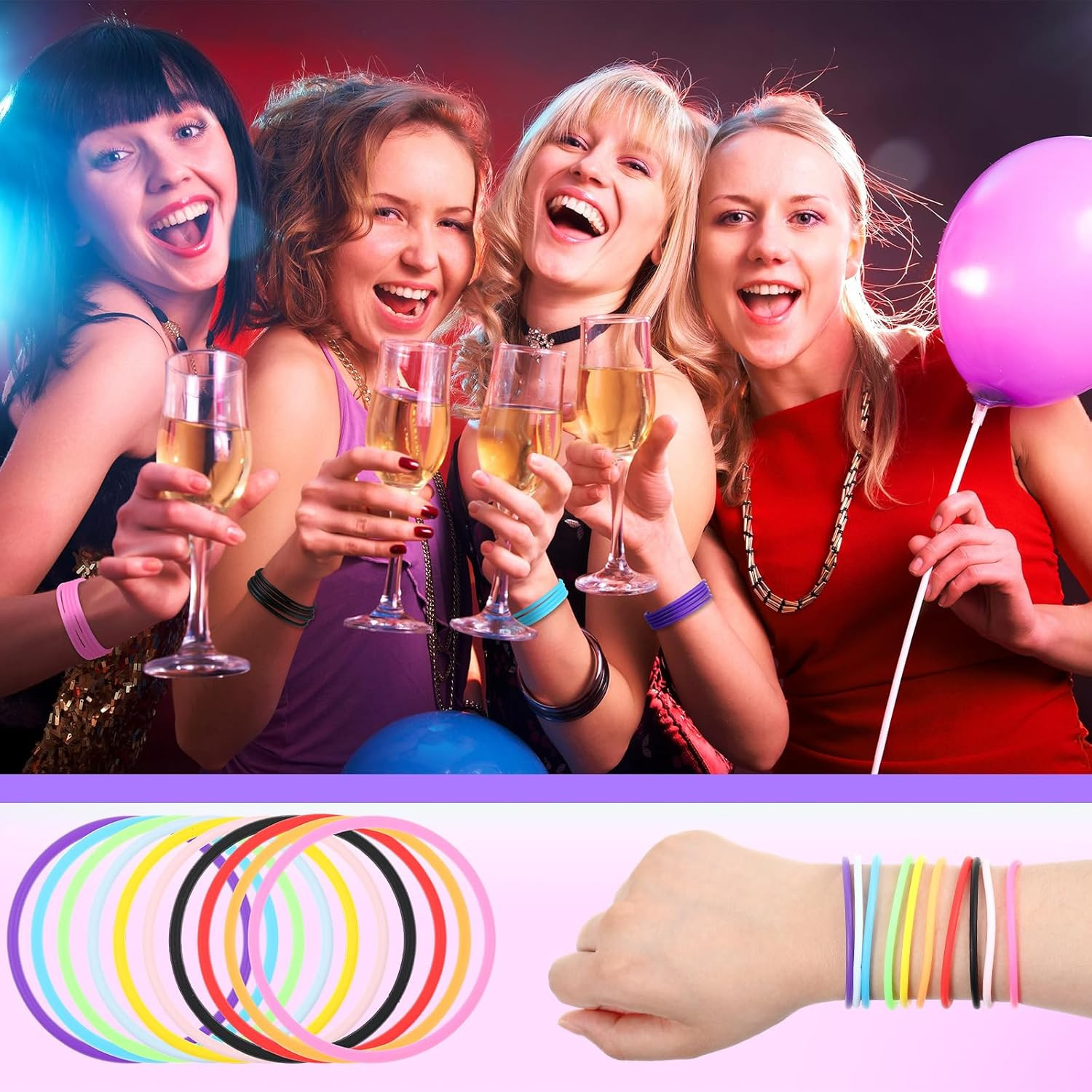 Hotop 100 Pcs 80S Multicolor Silicone Jelly Rubber Bracelets Hair Ties Women, Mi