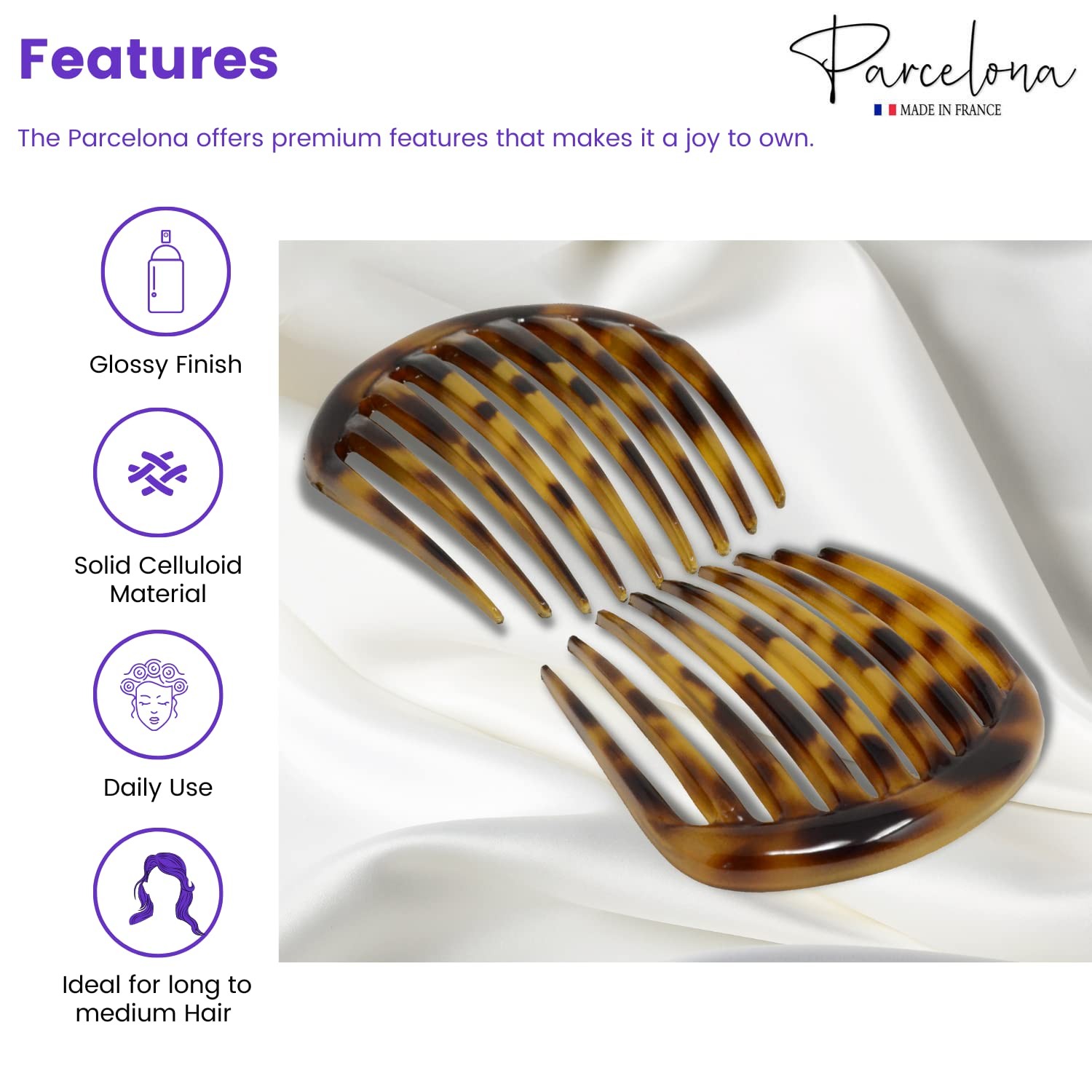 Parcelona French Smooth Edge Celluloid Acetate Hair Side Combs for Women (2 Pcs)