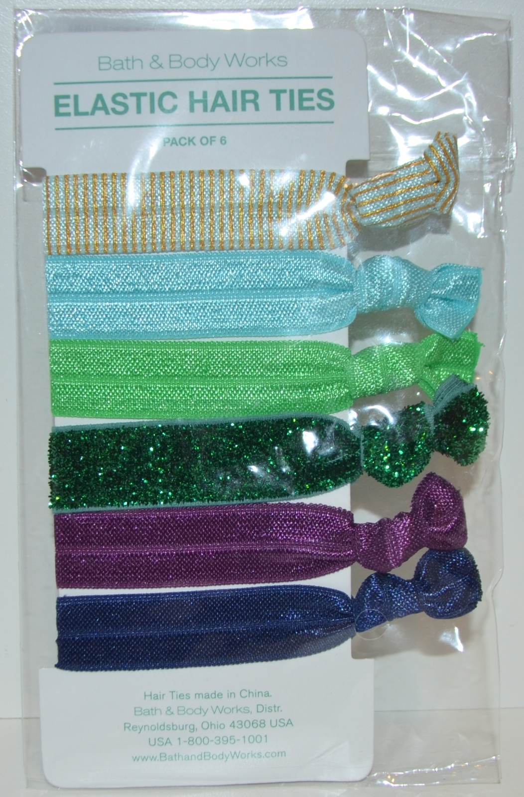BATH & BODY WORKS PACK OF 6 ELASTIC HAIR TIES SCRUNCHIES GREEN SPARKLY BLUE CUTE