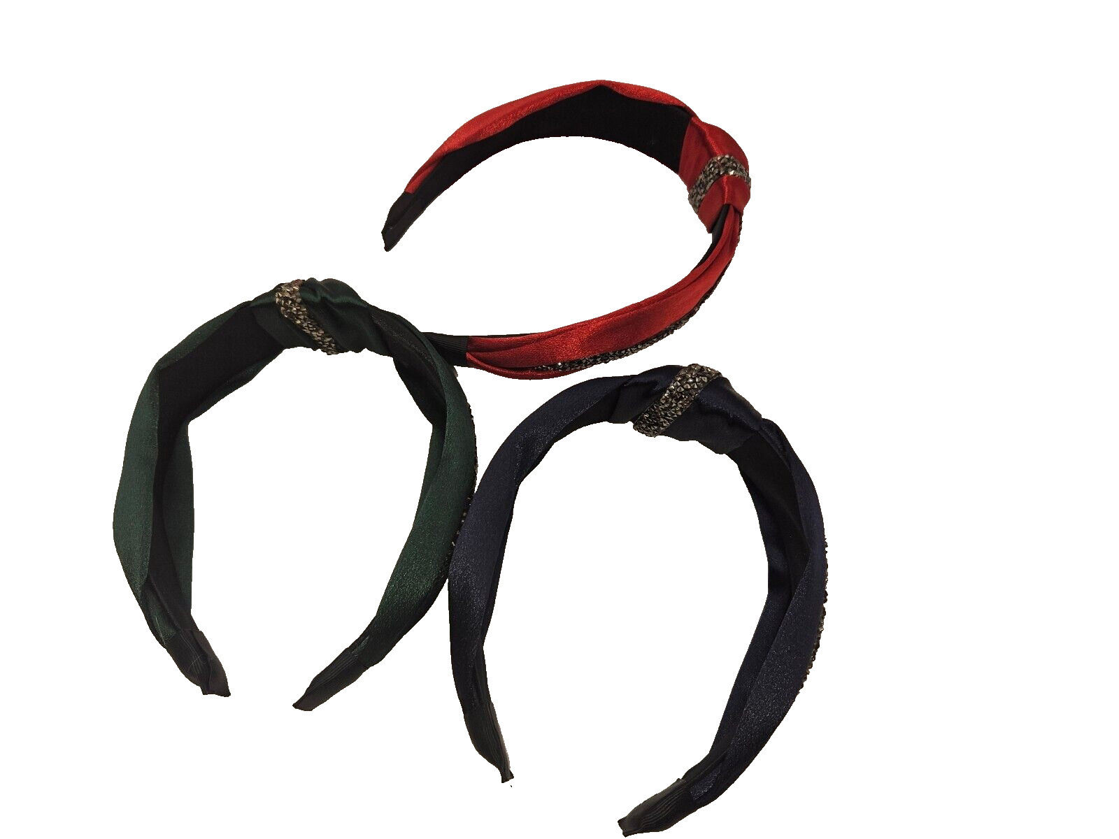 X3 “C” Shaped Knotted Rhinestone Velvet Feel Headbands – 3 pack Red-Green-Blue