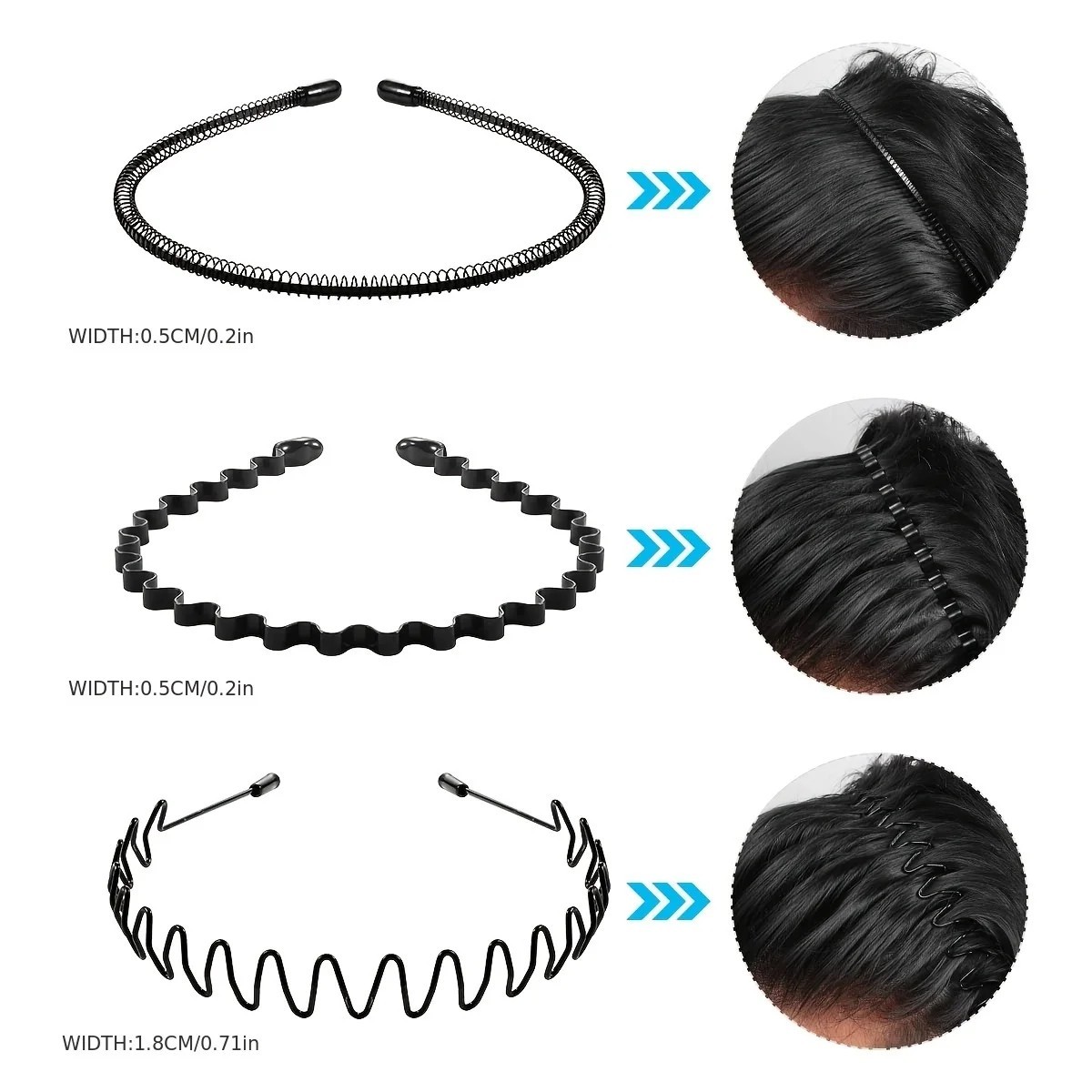 6Pcs Metal Hair Headband Wave Style Hoop Band Comb Sports Hairband for Men Women