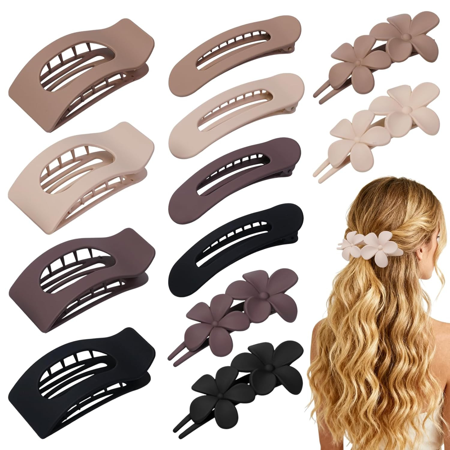 12 Pack Matte Neutral Flat Hair Clips – Stylish Claw Barrettes & Flower Pins