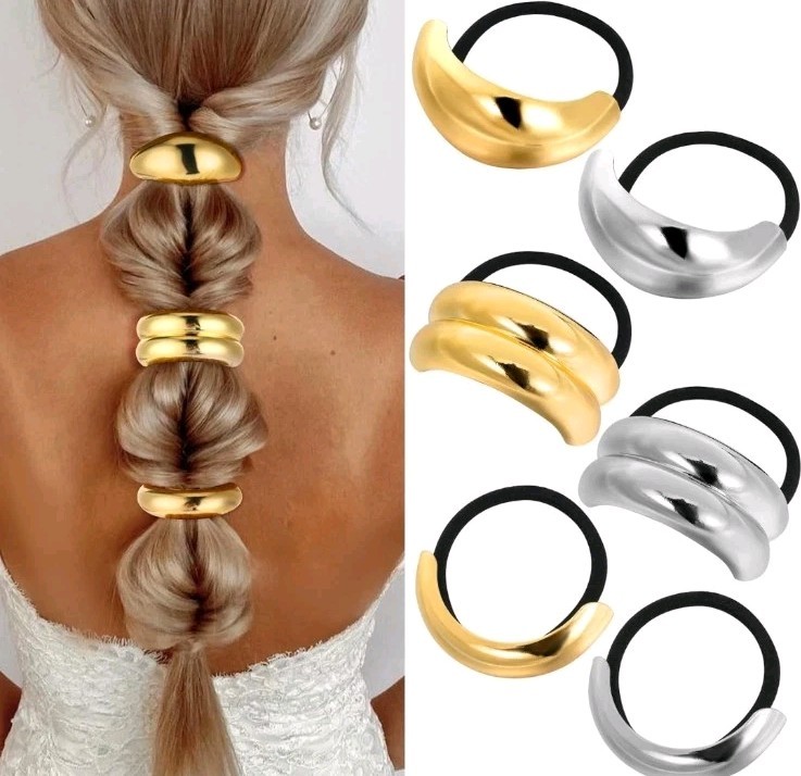 6 Pcs Metal Hair Tie for Women Geometric Gold Hair Accessories Stretchy Cuffs