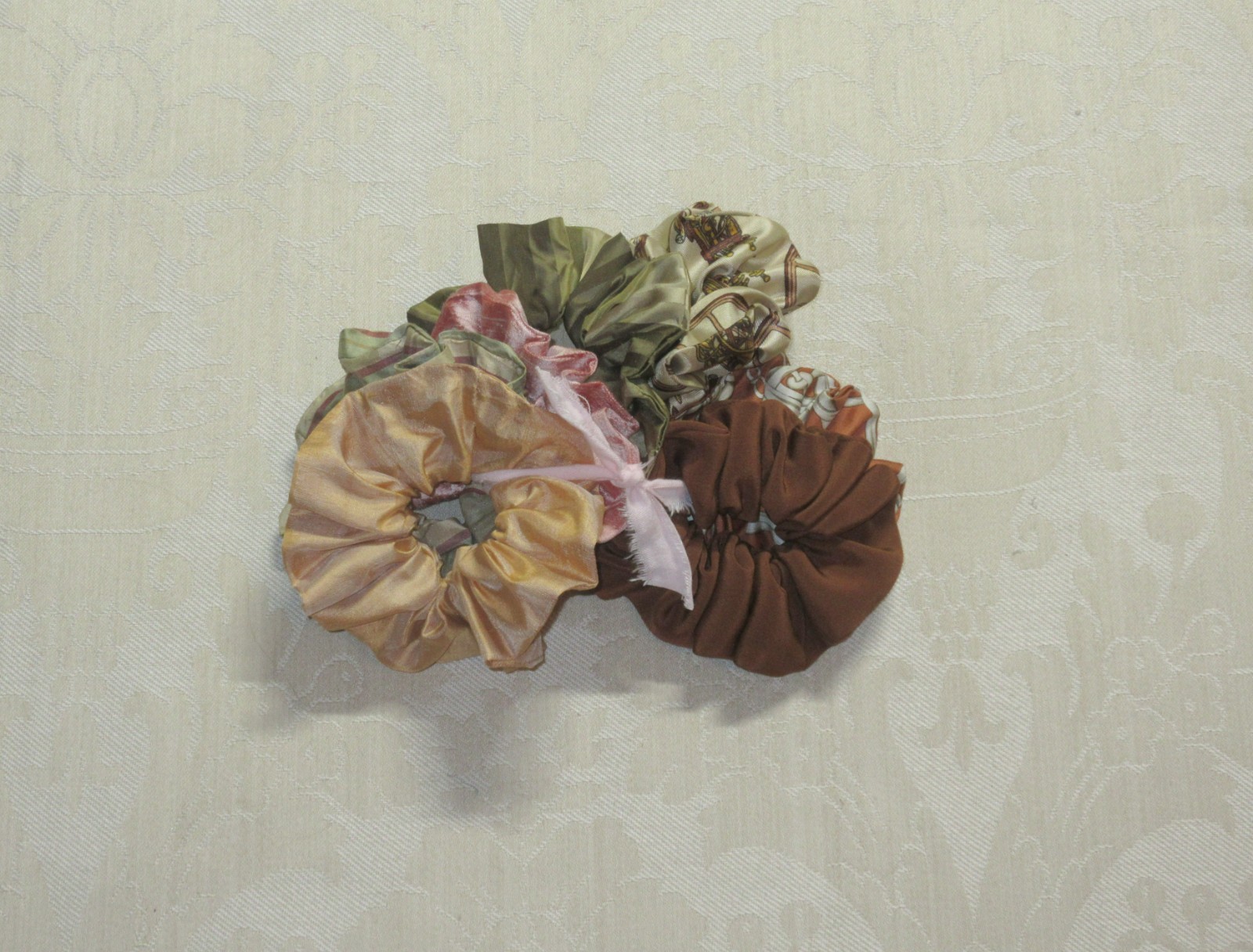 Handmade Boho Multicolor Silk Scarf Scrunchie Lot 7pc Green Pink Brown