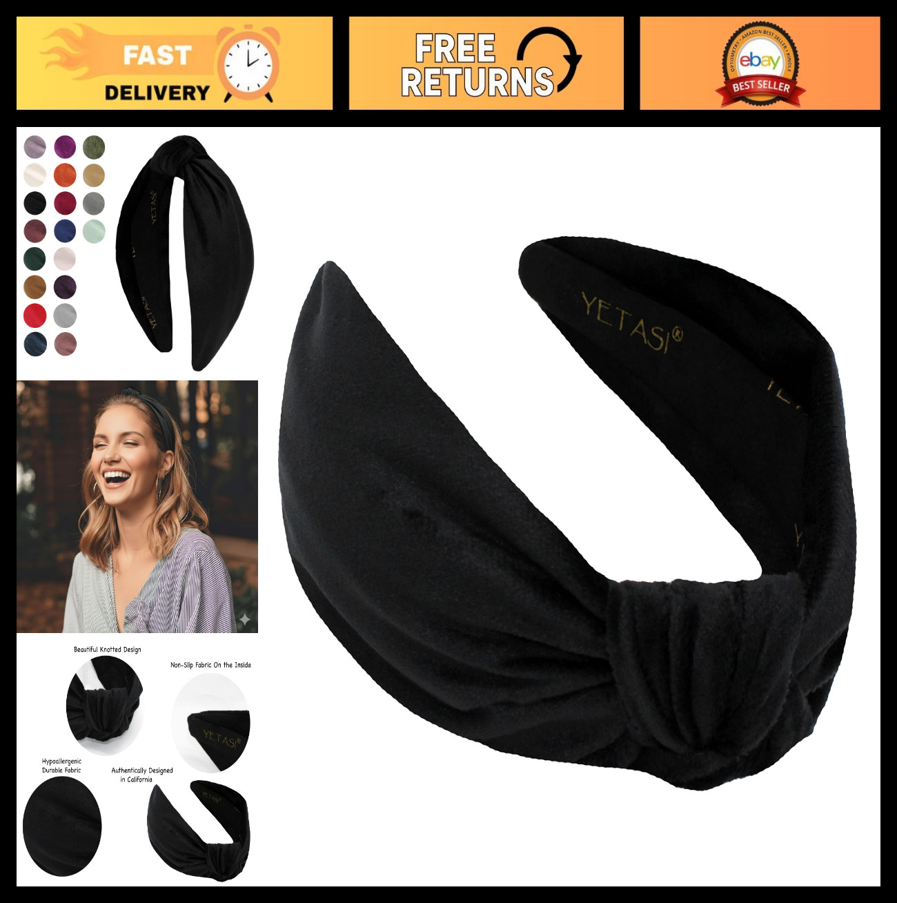 Trendy Non-Slip Black Velvet Headbands for Women & Girls – Adjustable Top Knot H