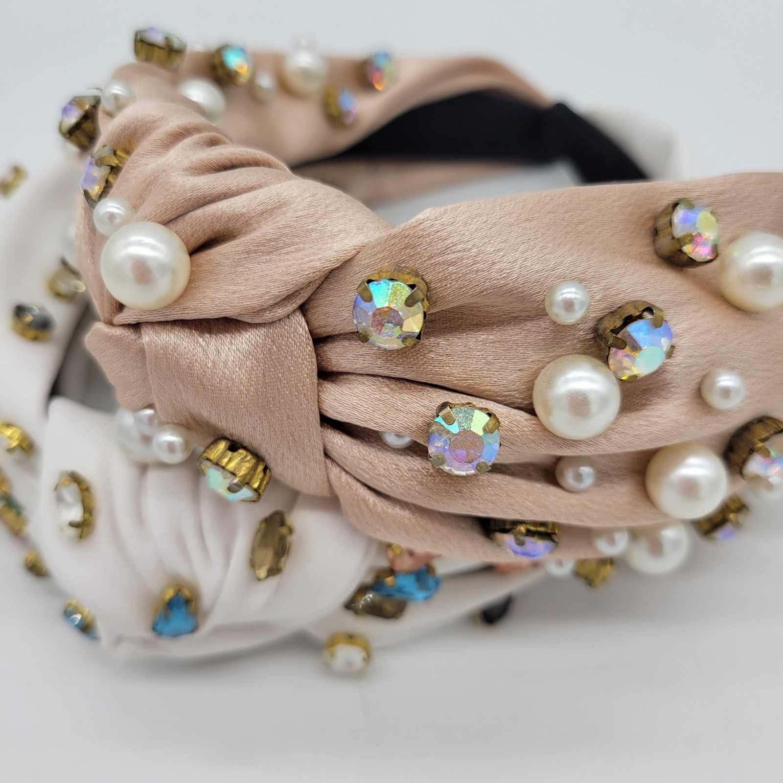 Set of 2 Embellished Top Knot Headbands Pearl Rhinestone Crystal Pink White
